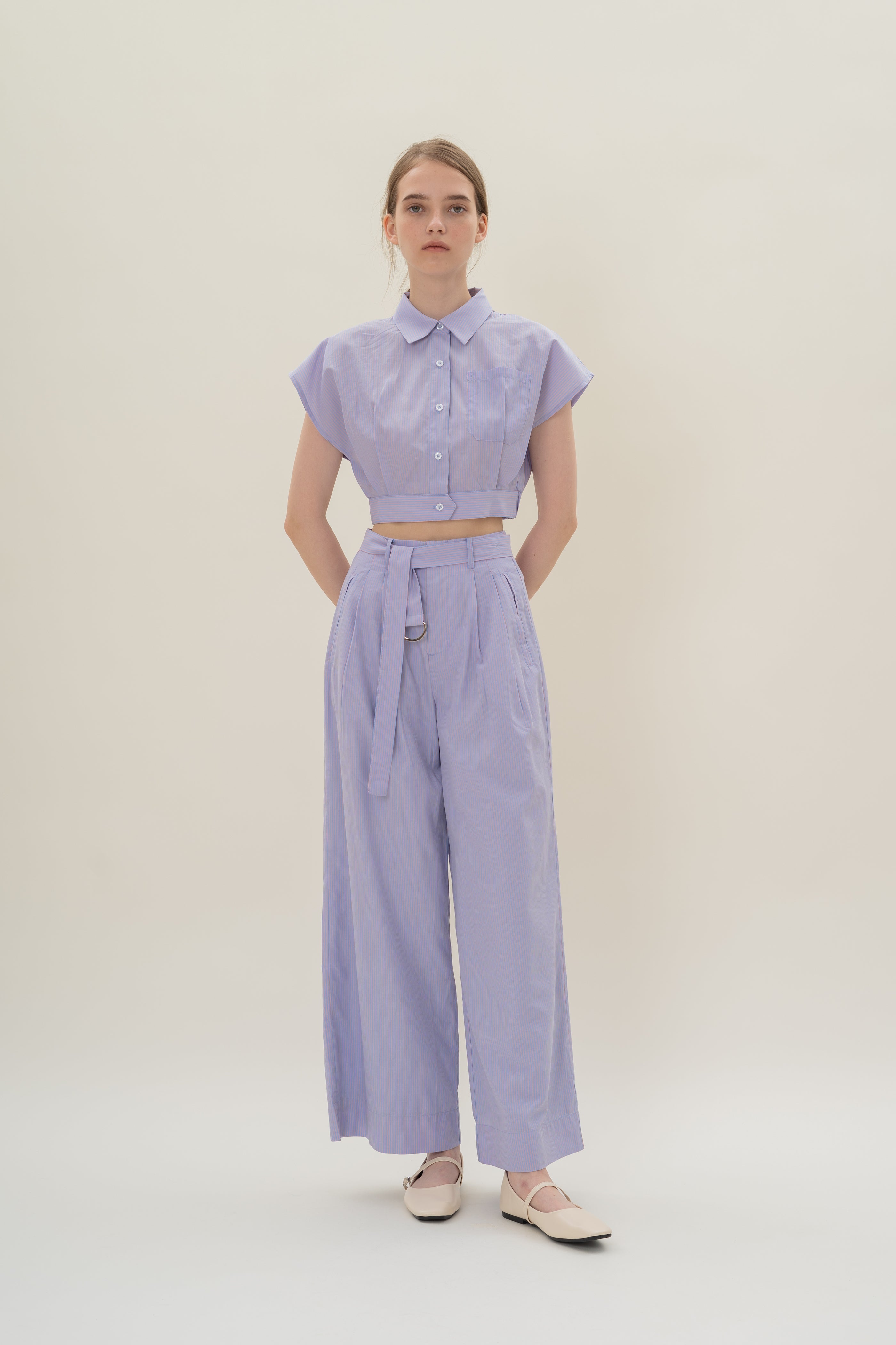 Relaxed Wide Leg Pants in Blue Peach Stripes