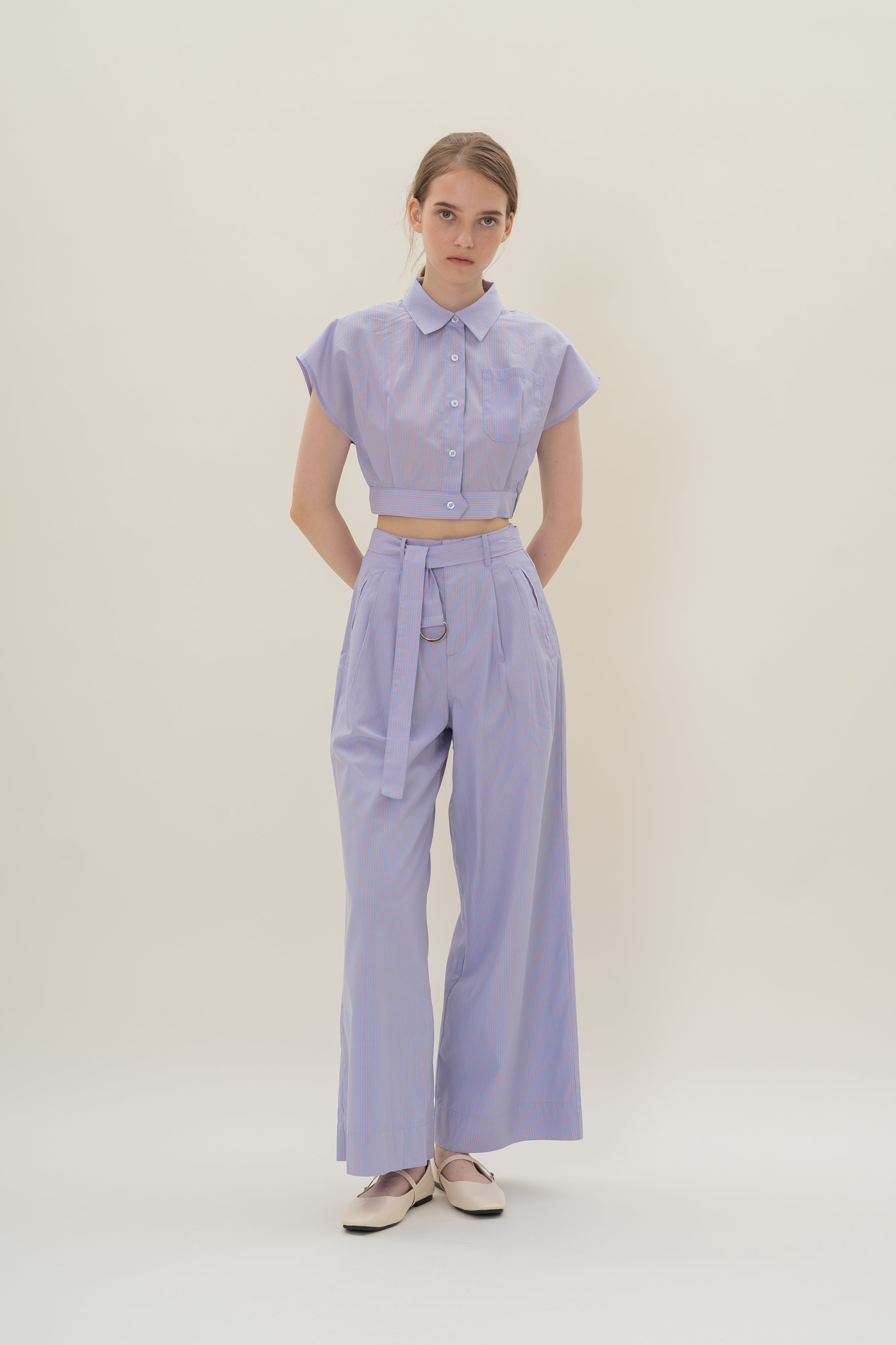 Relaxed Wide Leg Pants in Blue Peach Stripes