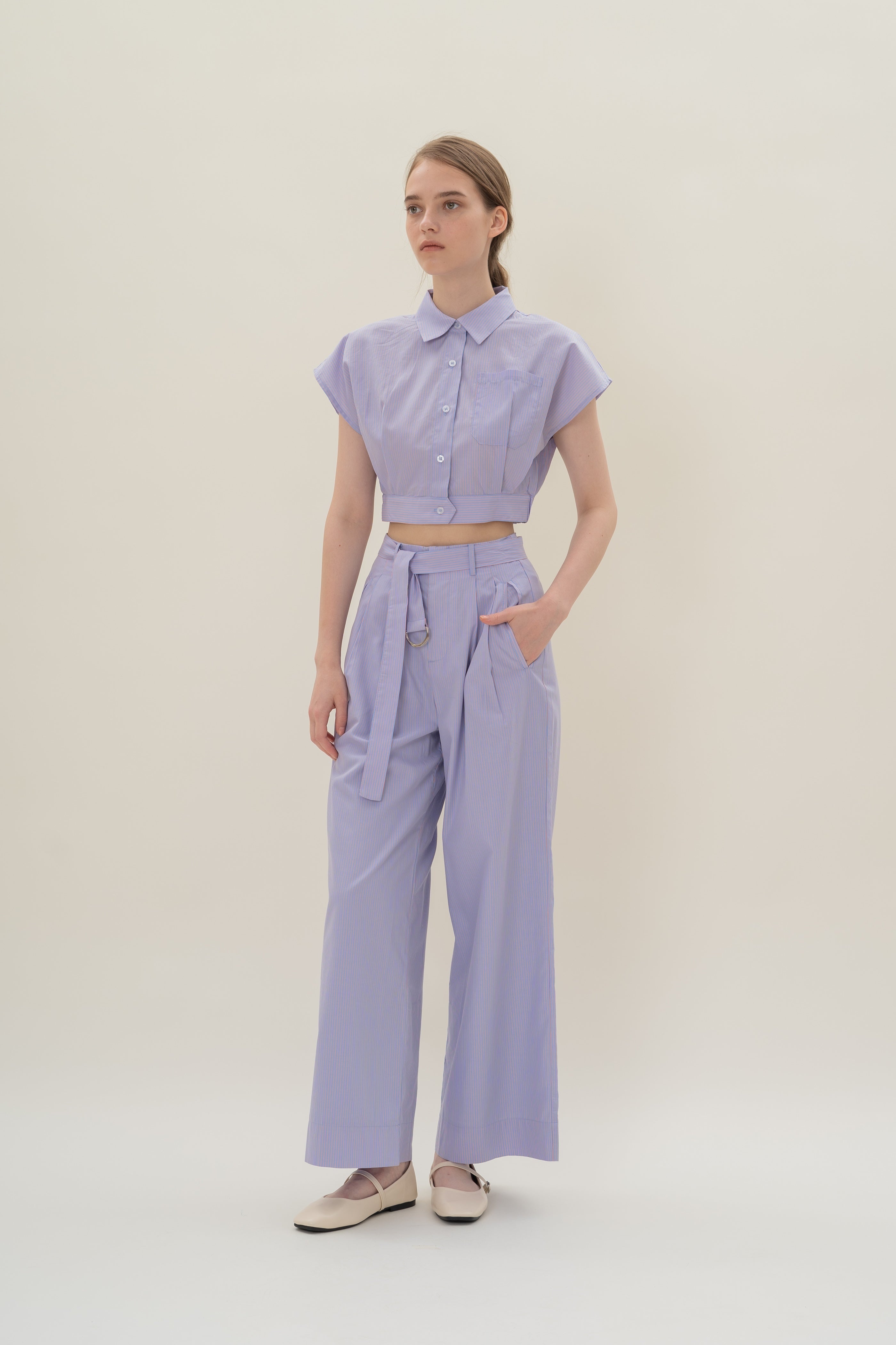 Relaxed Wide Leg Pants in Blue Peach Stripes
