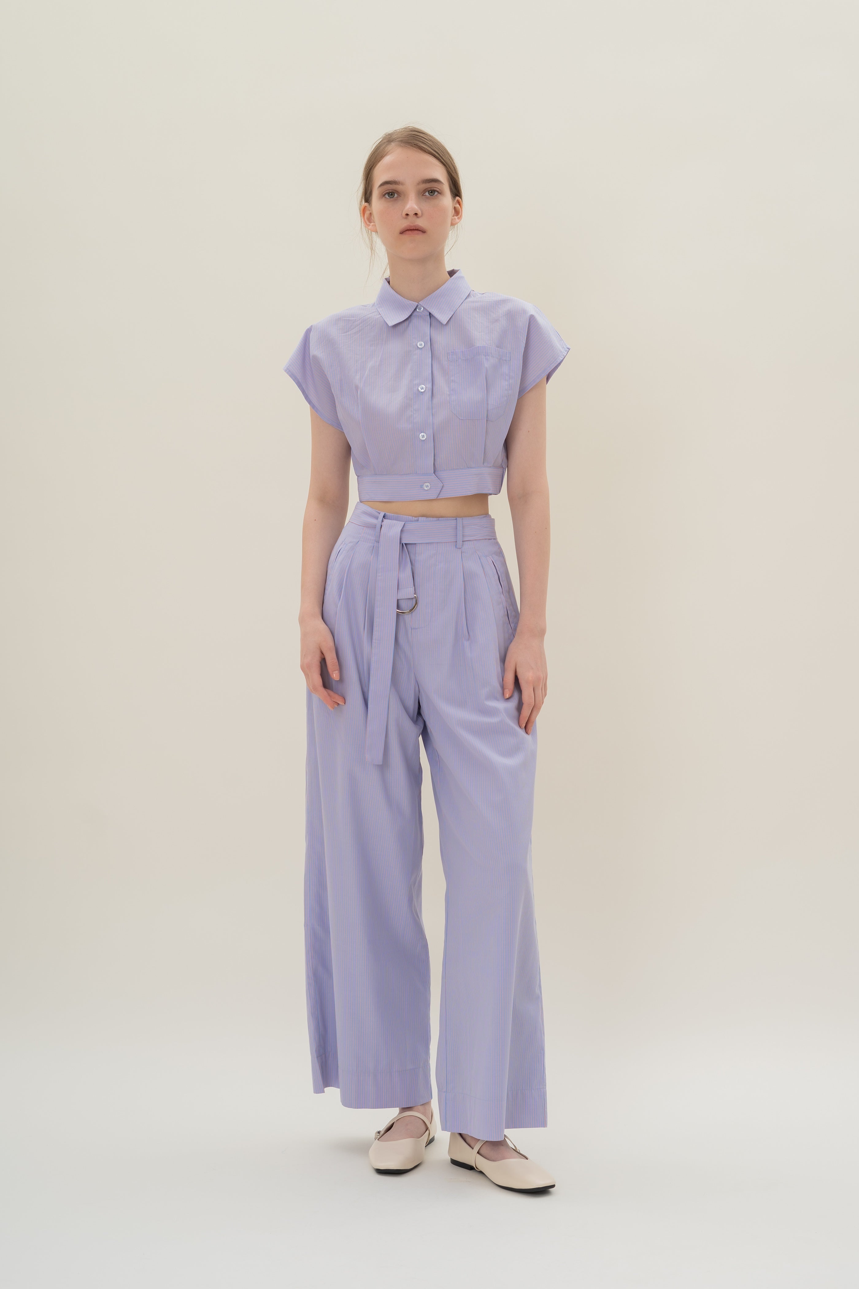 Relaxed Wide Leg Pants in Blue Peach Stripes
