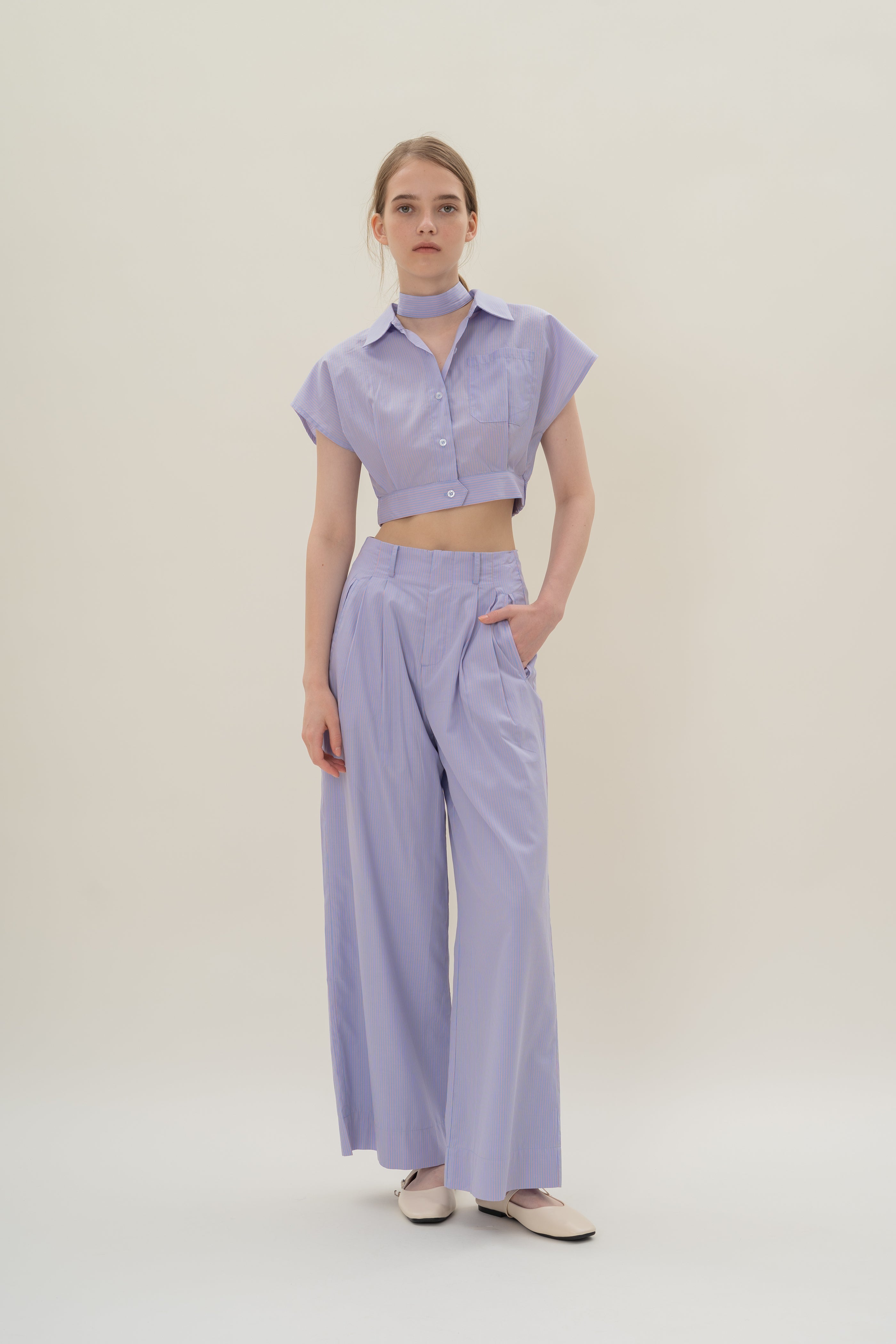 Relaxed Wide Leg Pants in Blue Peach Stripes