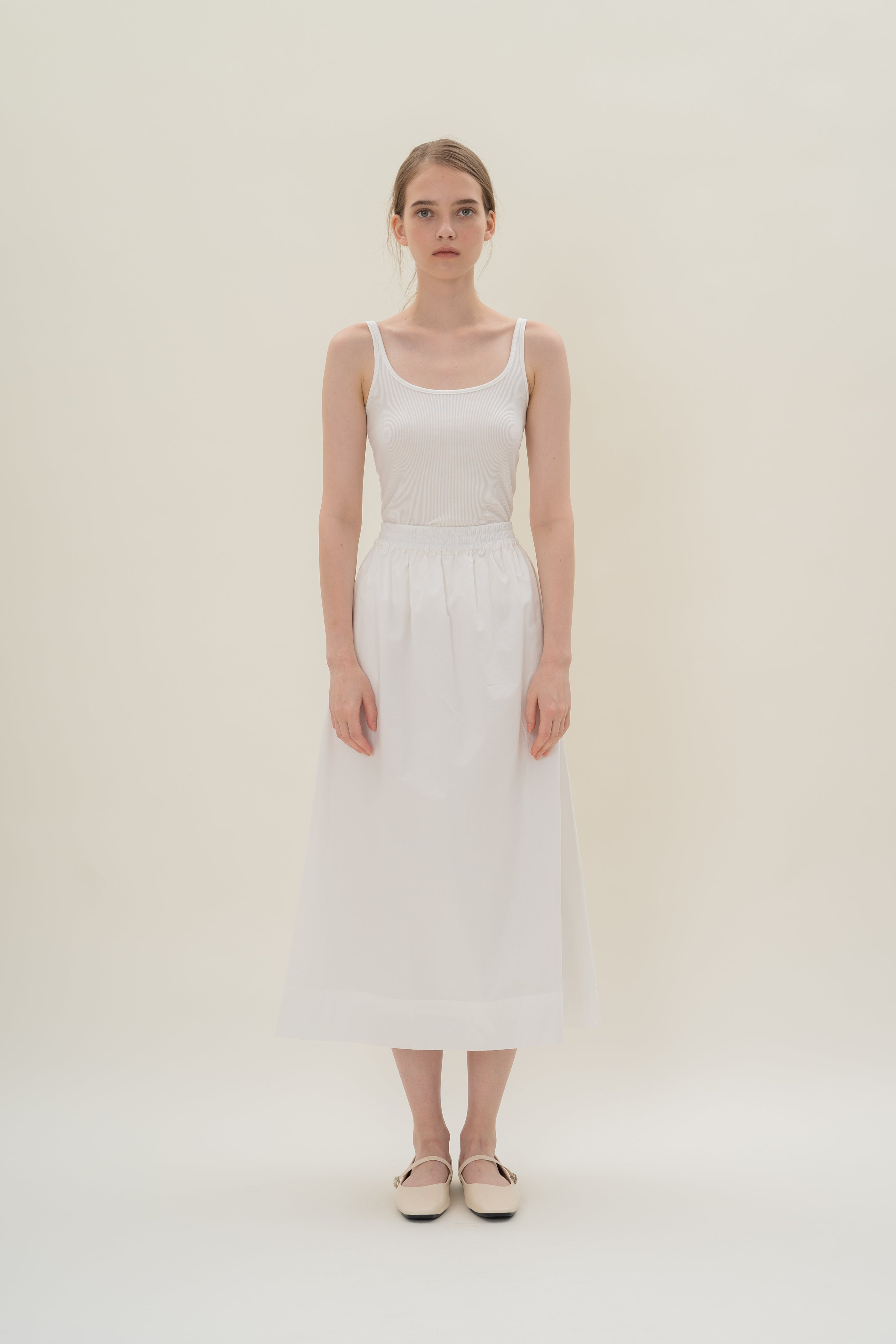 Cotton Poplin Gathered Waist Skirt in White