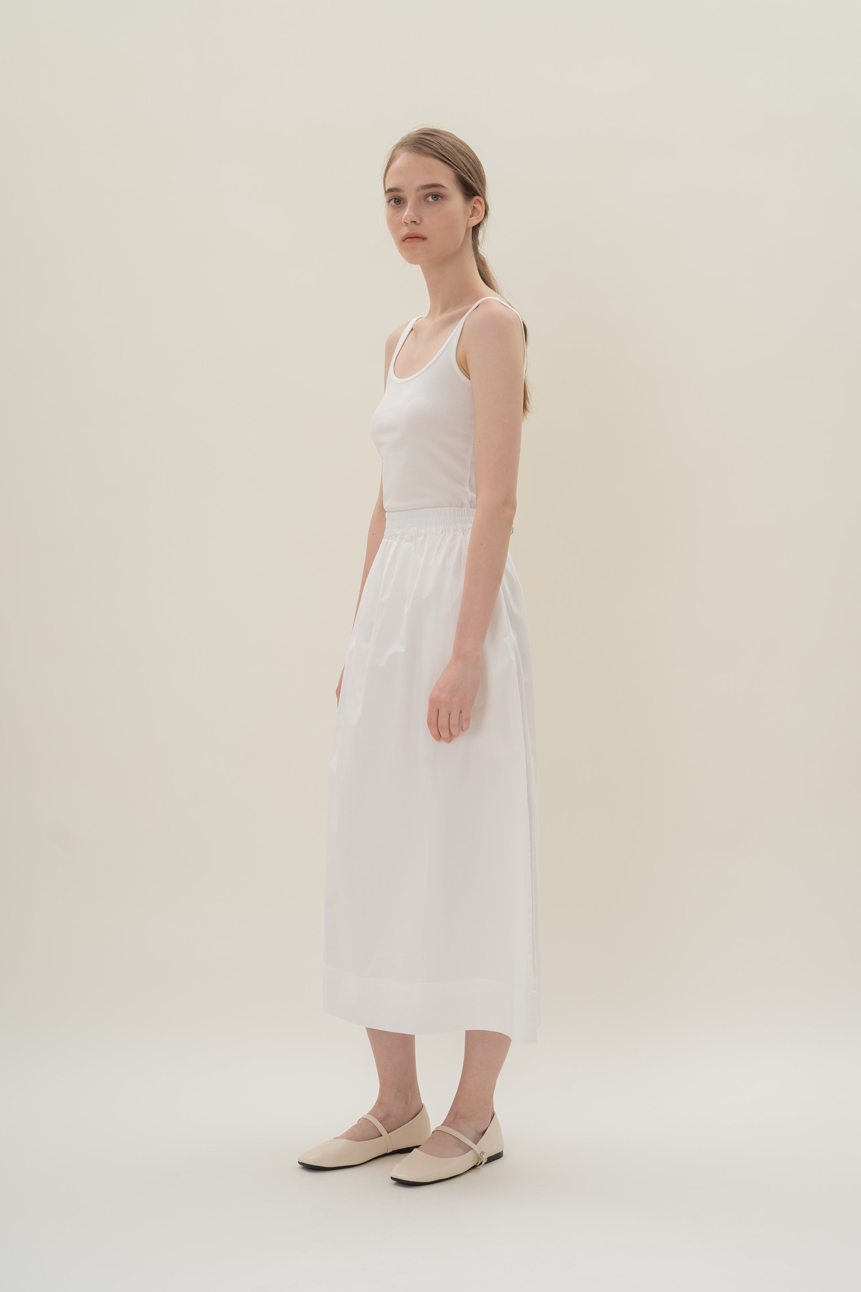 Cotton Poplin Gathered Waist Skirt in White