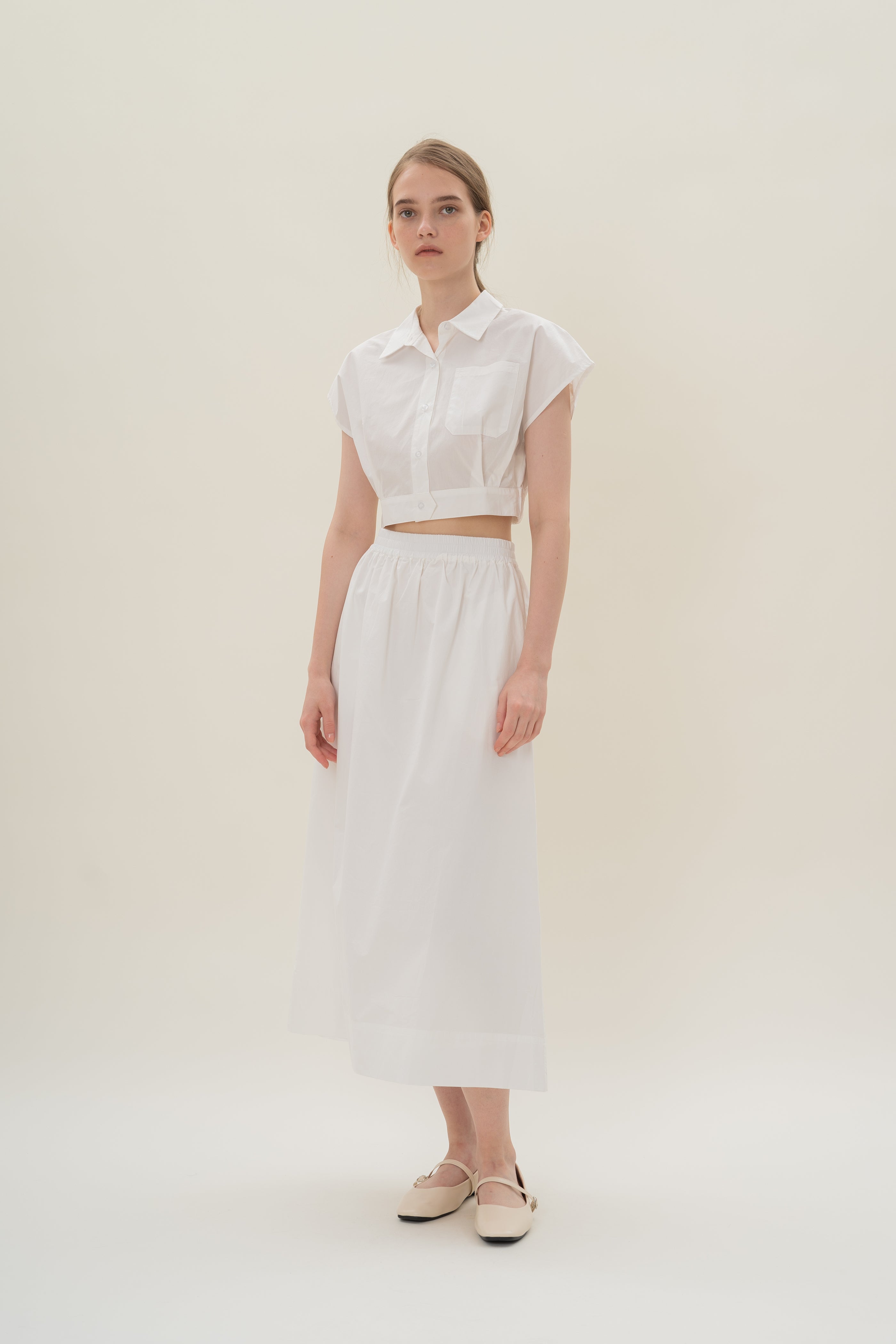 Cap-Sleeve Box Cropped Shirt in White