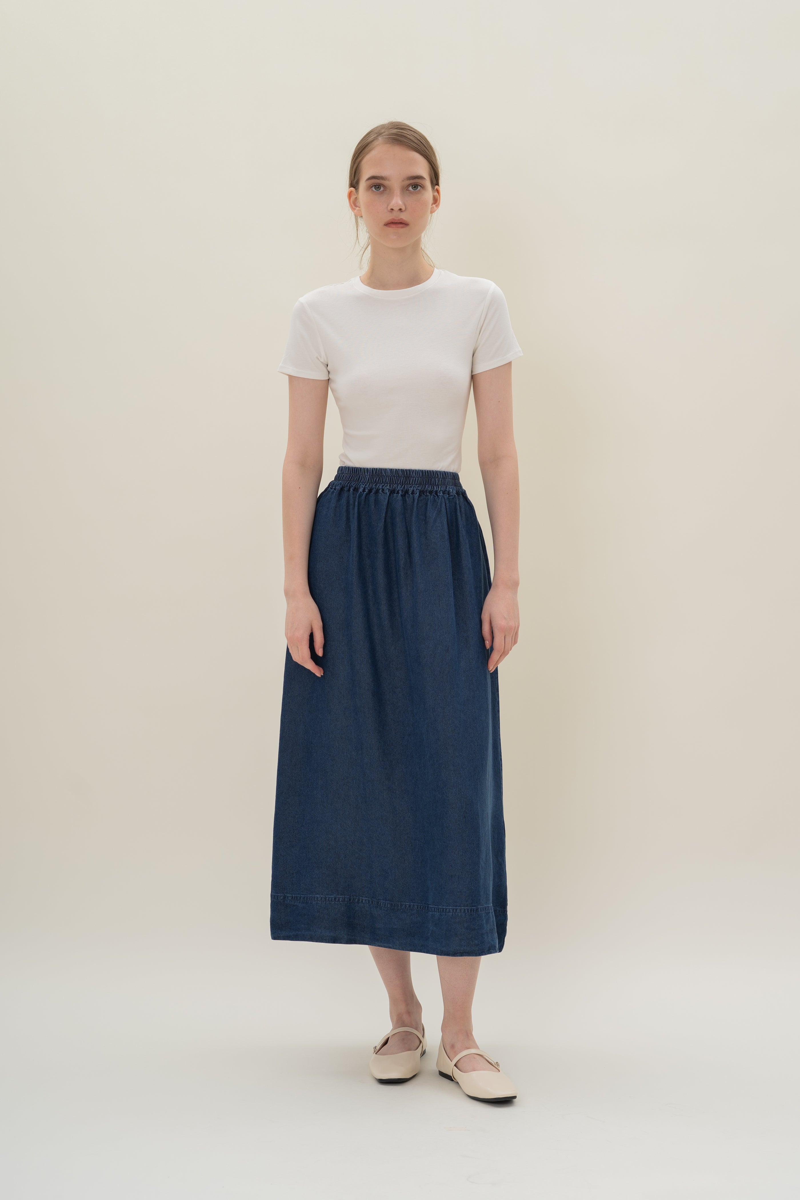 Denim Gathered Waist Skirt in Mid Blue