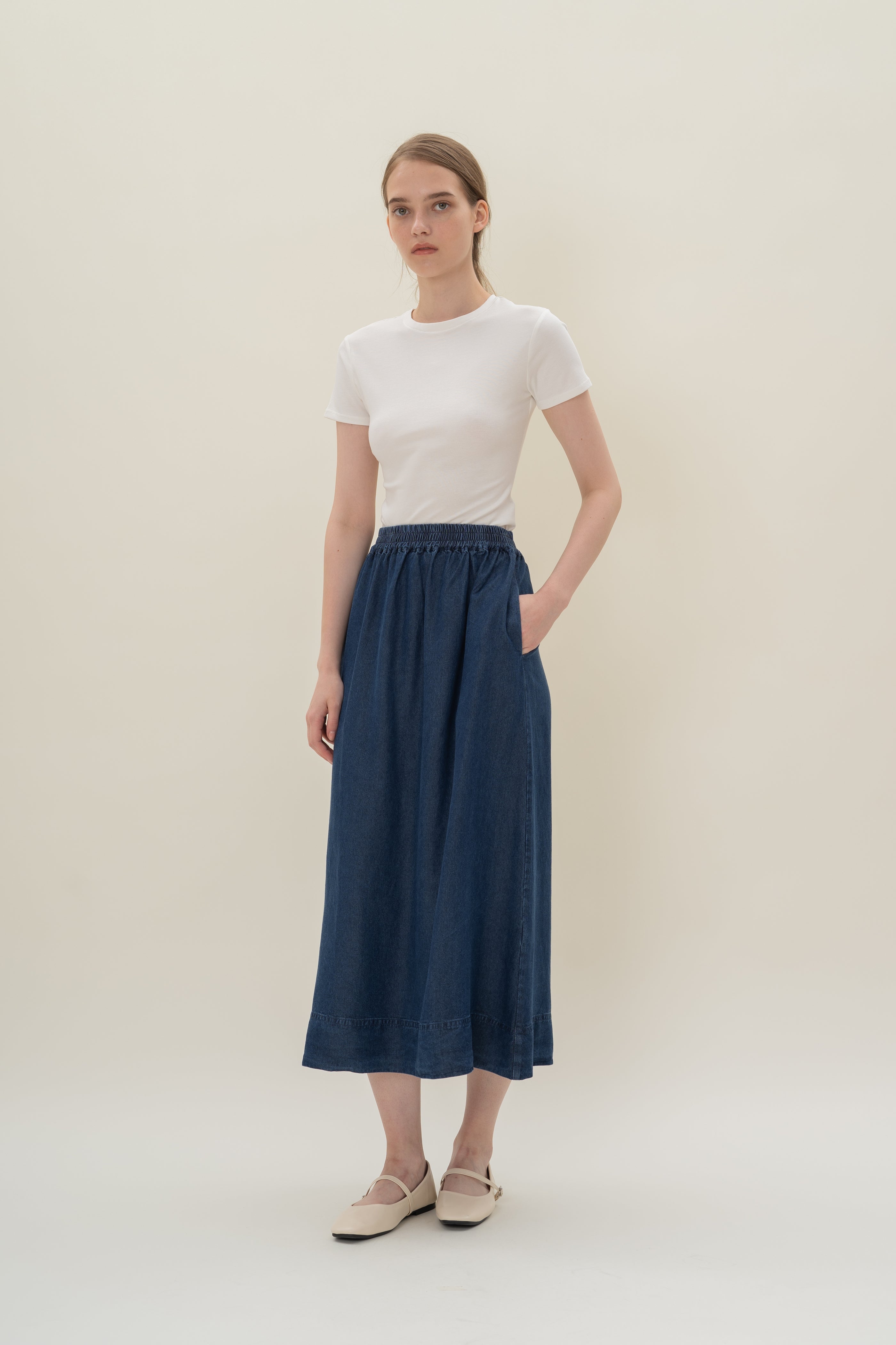 Denim Gathered Waist Skirt in Mid Blue