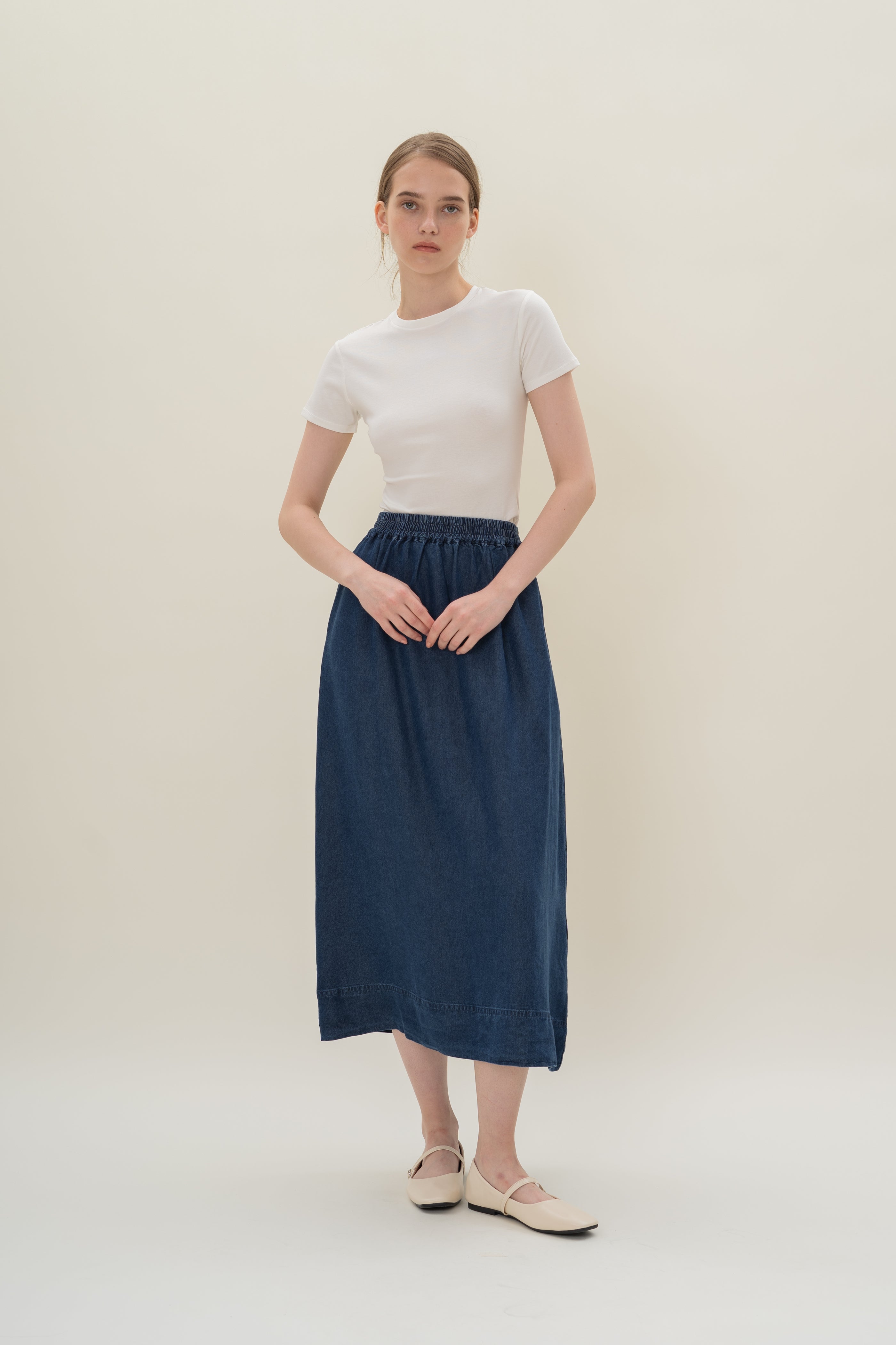 Denim Gathered Waist Skirt in Mid Blue