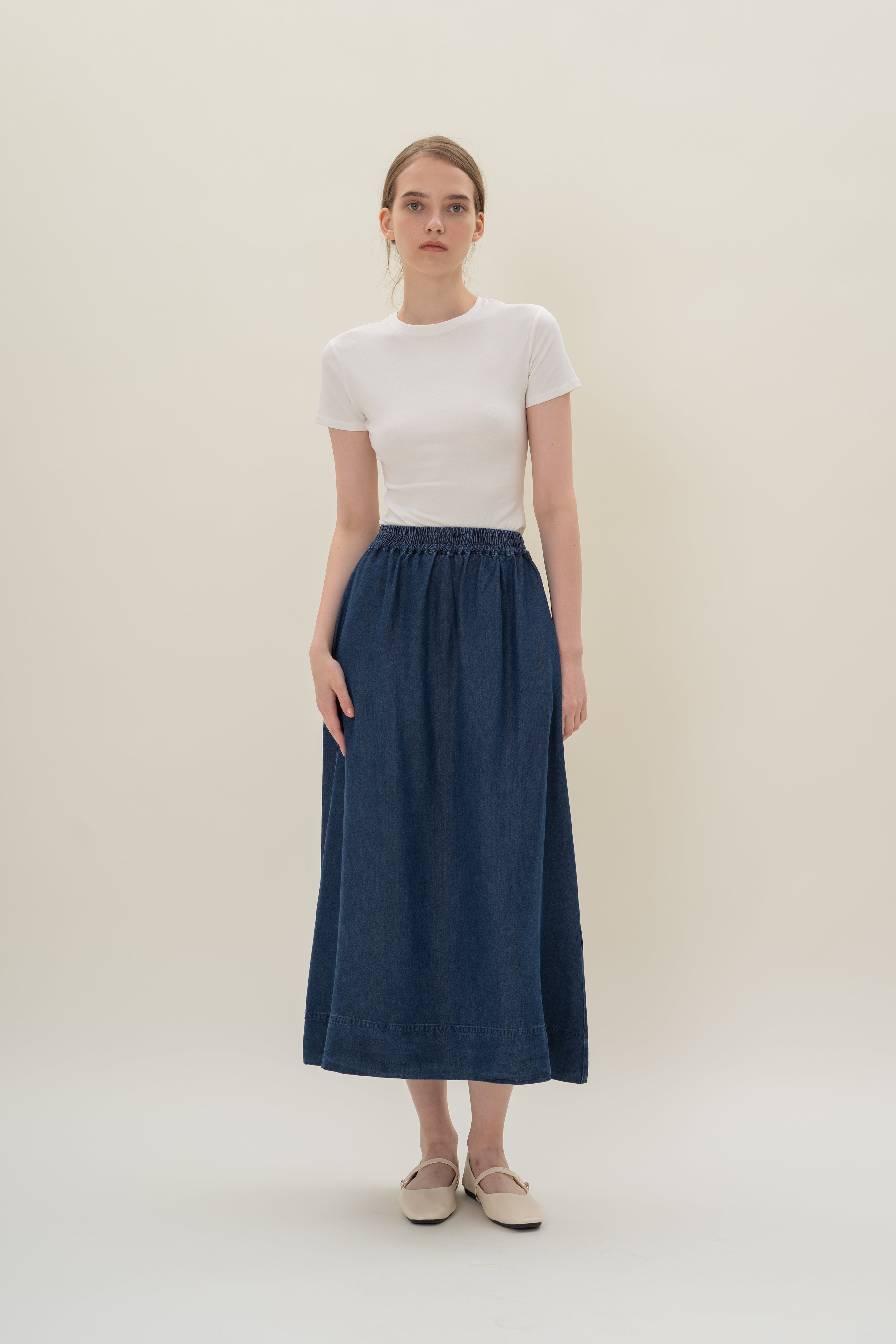 Denim Gathered Waist Skirt in Mid Blue