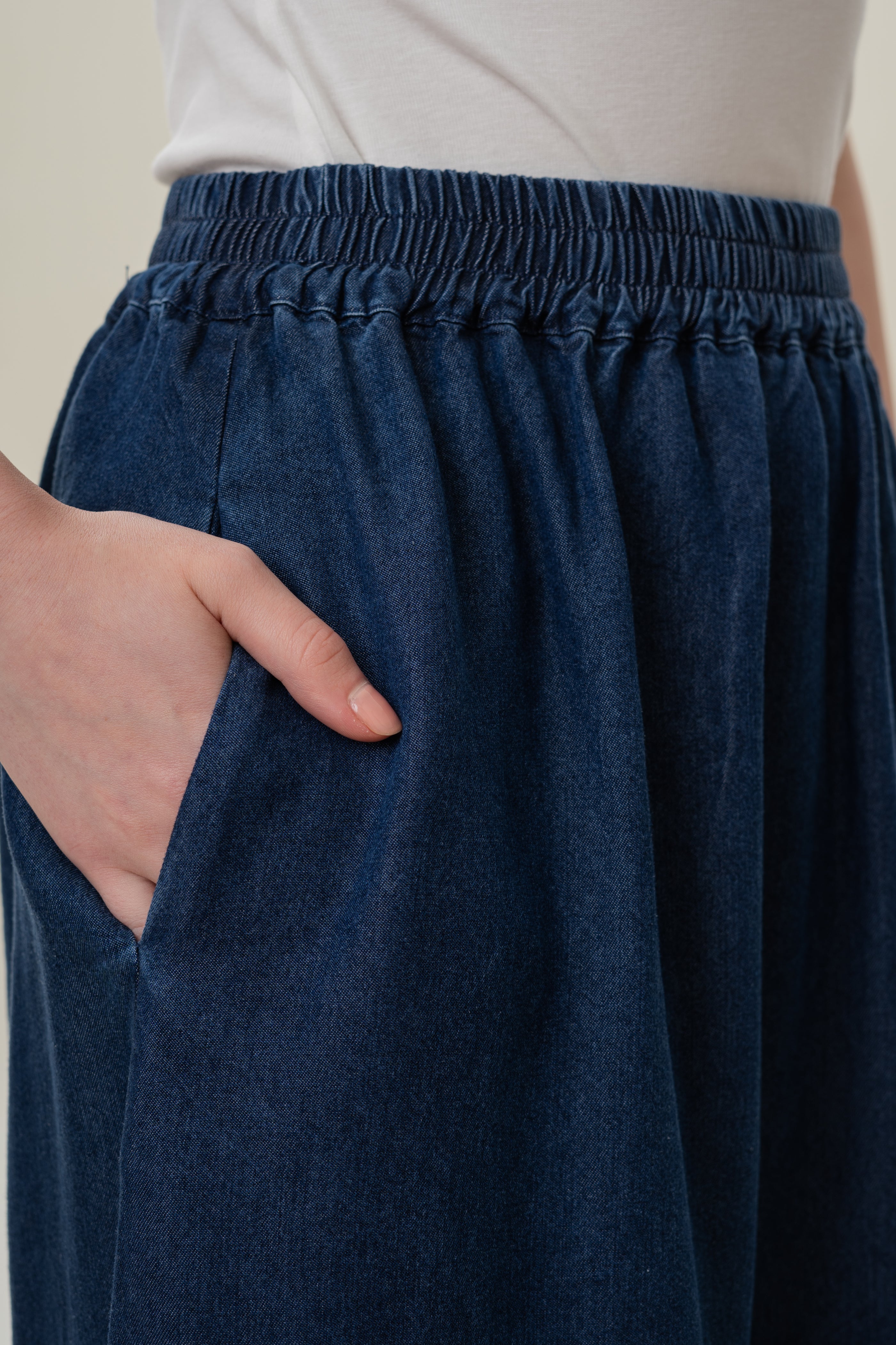 Denim Gathered Waist Skirt in Mid Blue