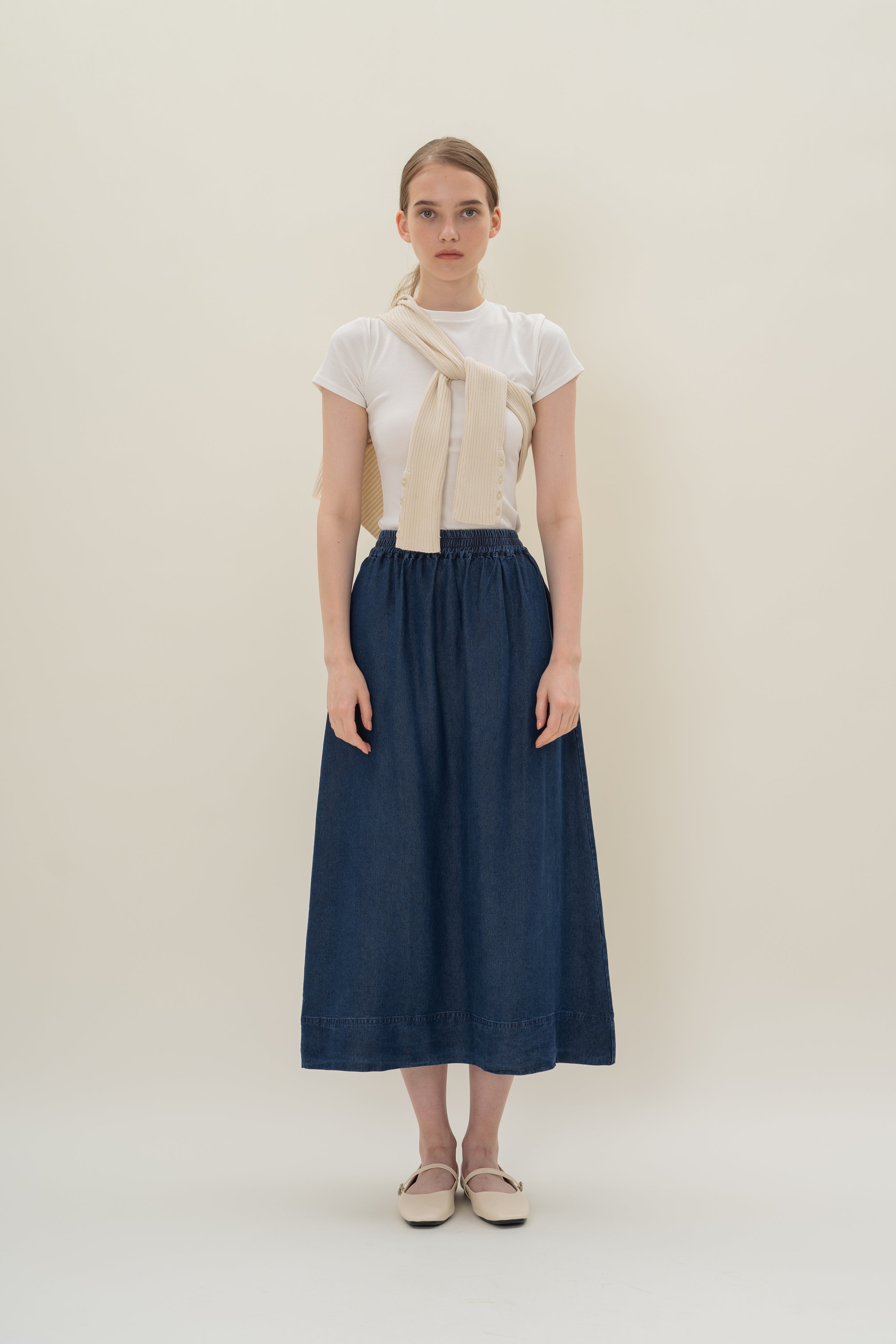 Denim Gathered Waist Skirt in Mid Blue