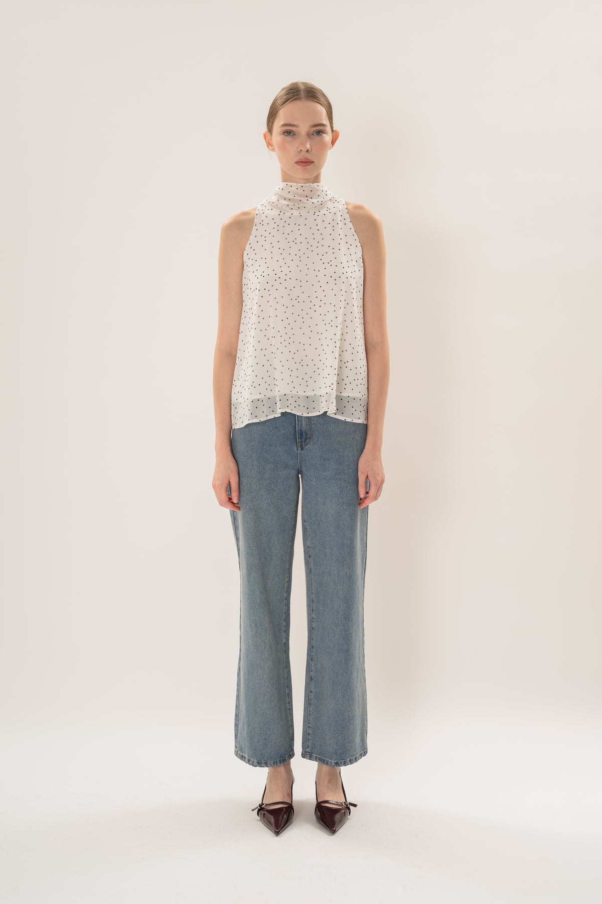 Sash Neckline Halter Blouse in Polka Dot White