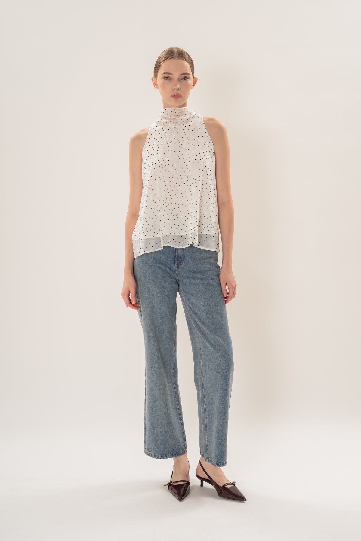 Sash Neckline Halter Blouse in Polka Dot White