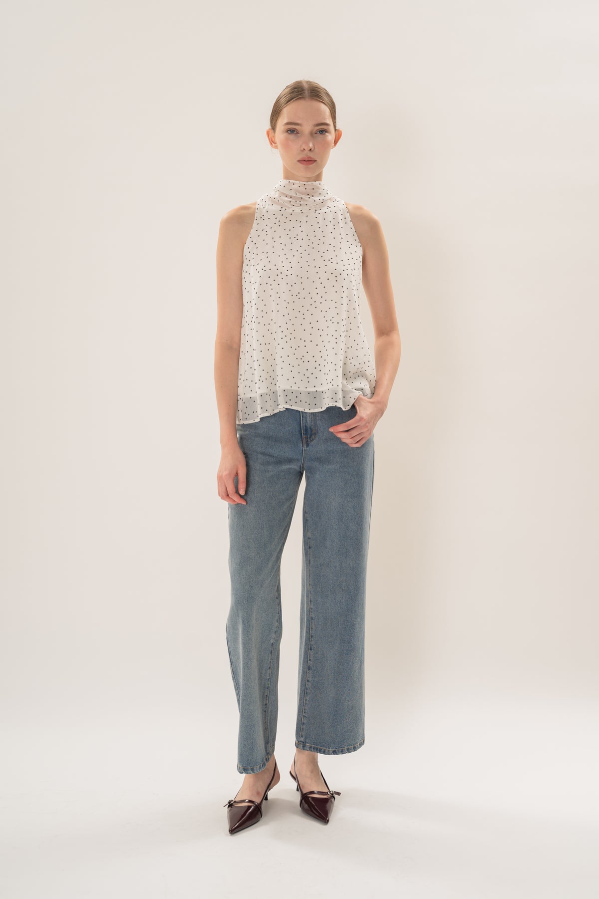 Sash Neckline Halter Blouse in Polka Dot White