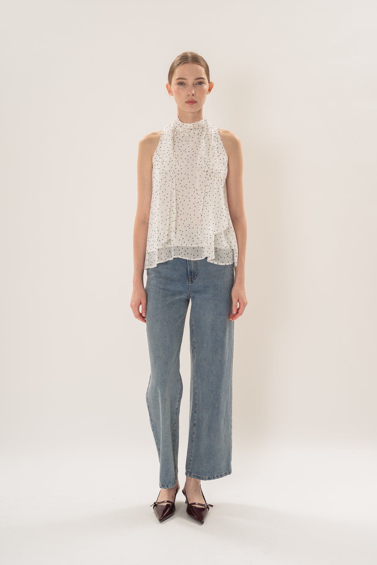 Sash Neckline Halter Blouse in Polka Dot White