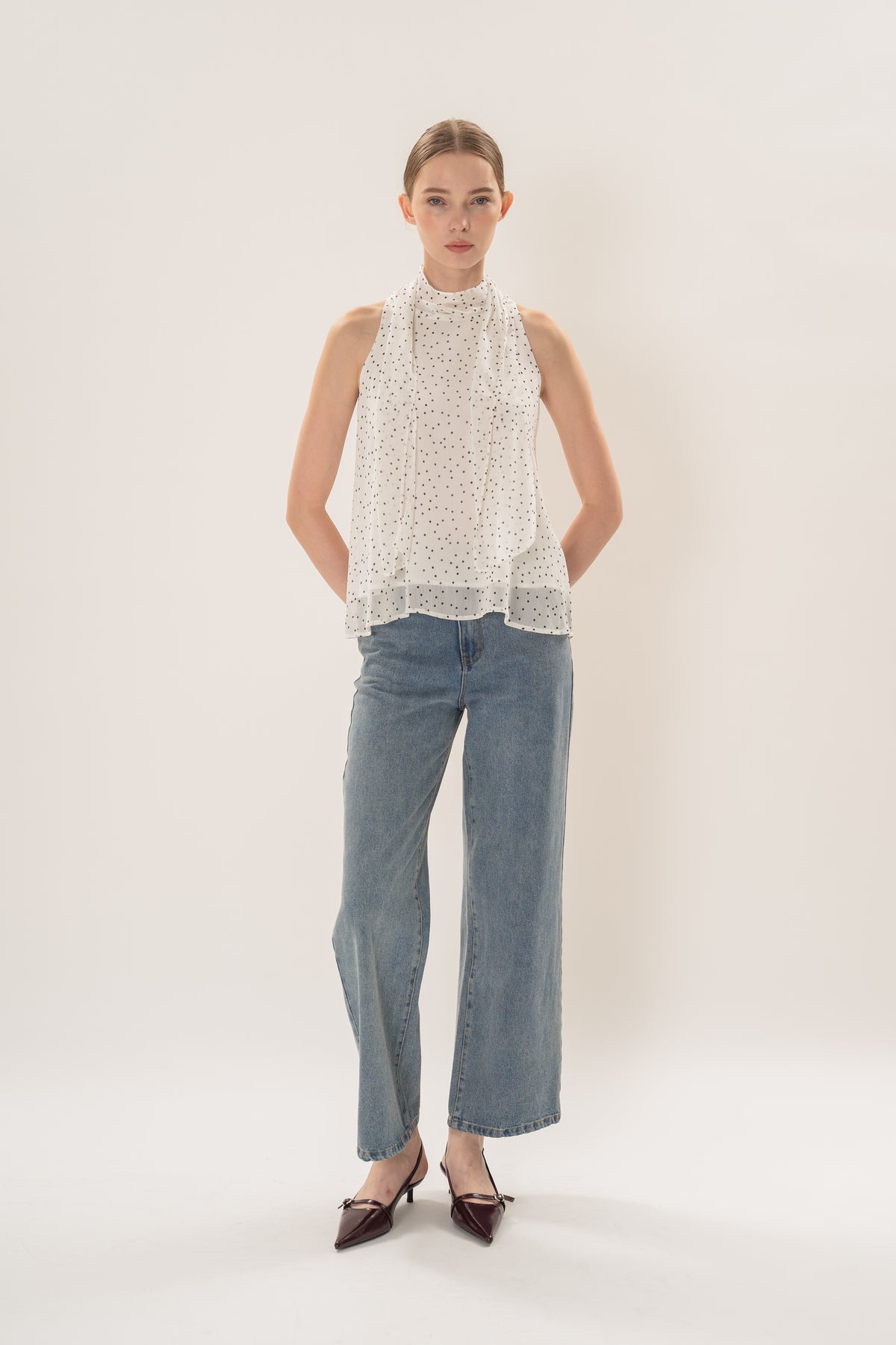Sash Neckline Halter Blouse in Polka Dot White