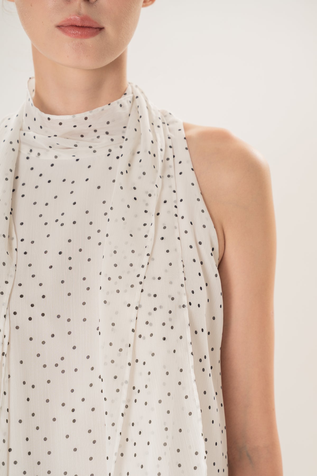 Sash Neckline Halter Blouse in Polka Dot White