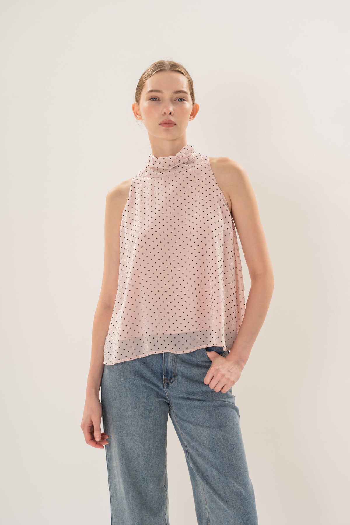 Sash Neckline Halter Blouse in Polka Dot Pink