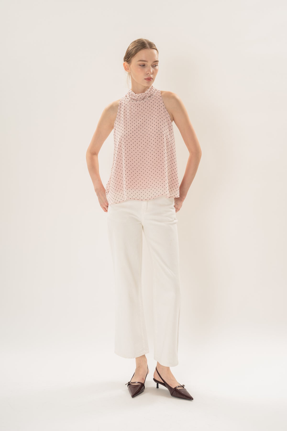 Sash Neckline Halter Blouse in Polka Dot Pink
