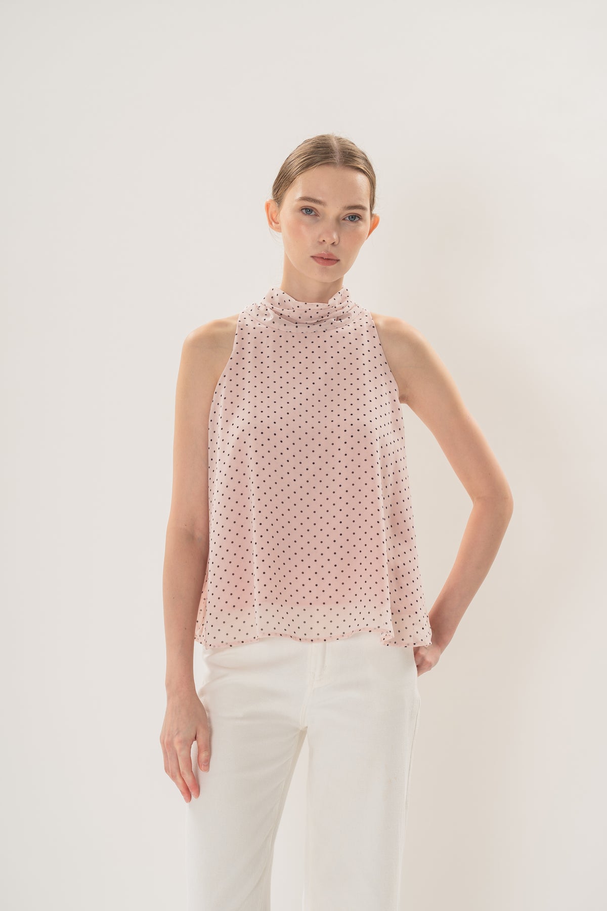 Sash Neckline Halter Blouse in Polka Dot Pink