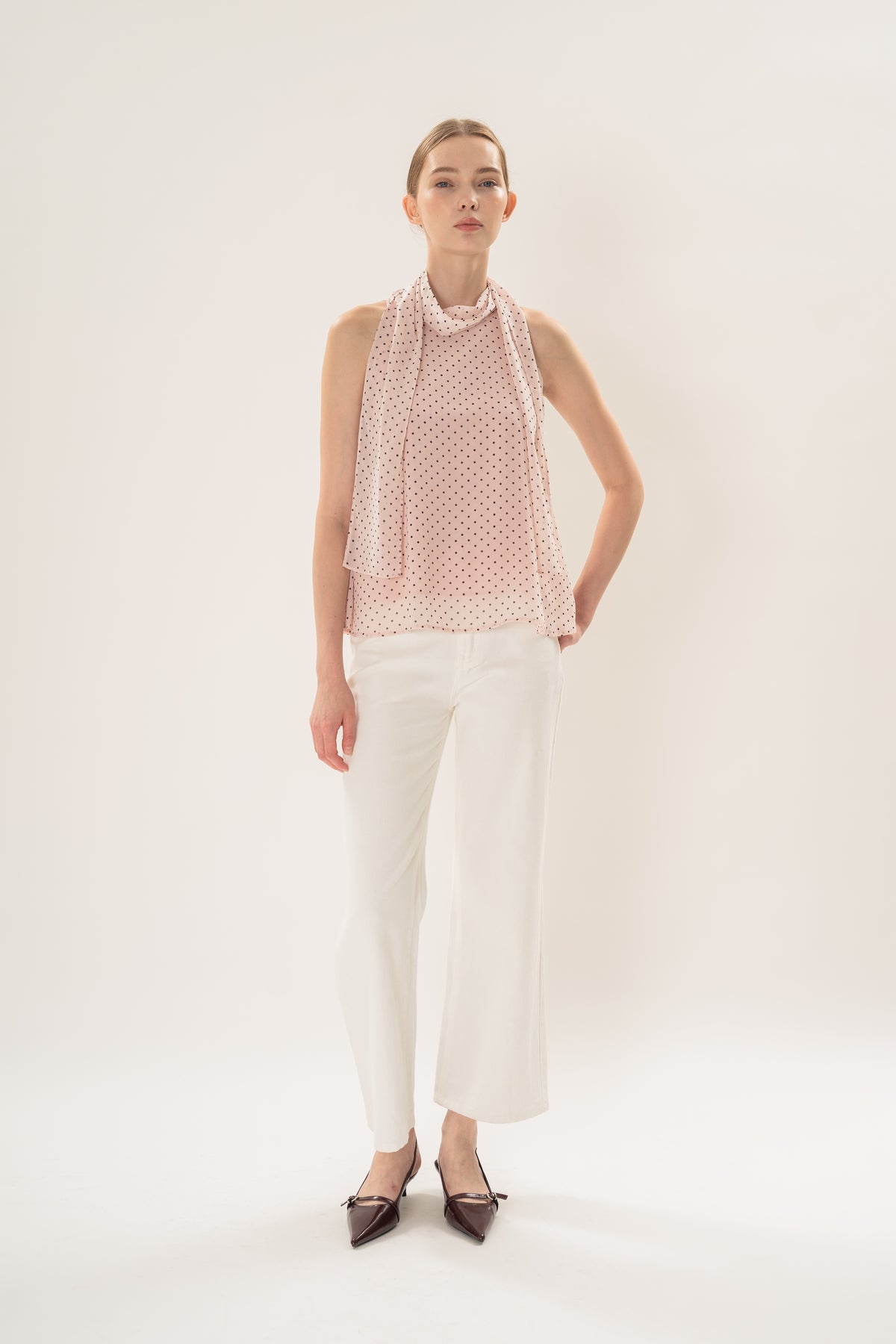 Sash Neckline Halter Blouse in Polka Dot Pink