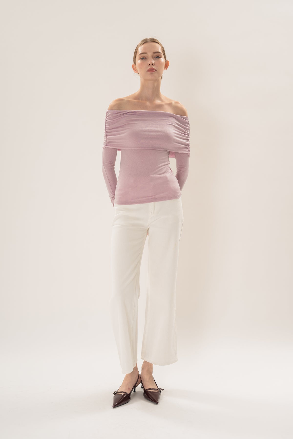 Off Shoulder Stretch Knit Top in Orchid