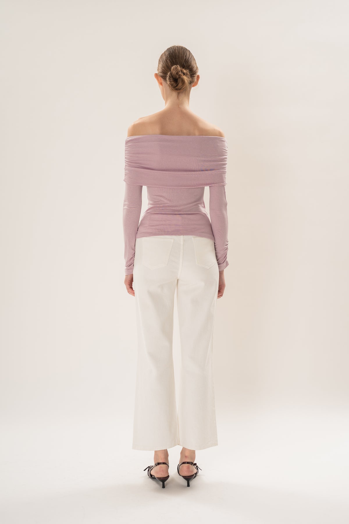 Off Shoulder Stretch Knit Top in Orchid