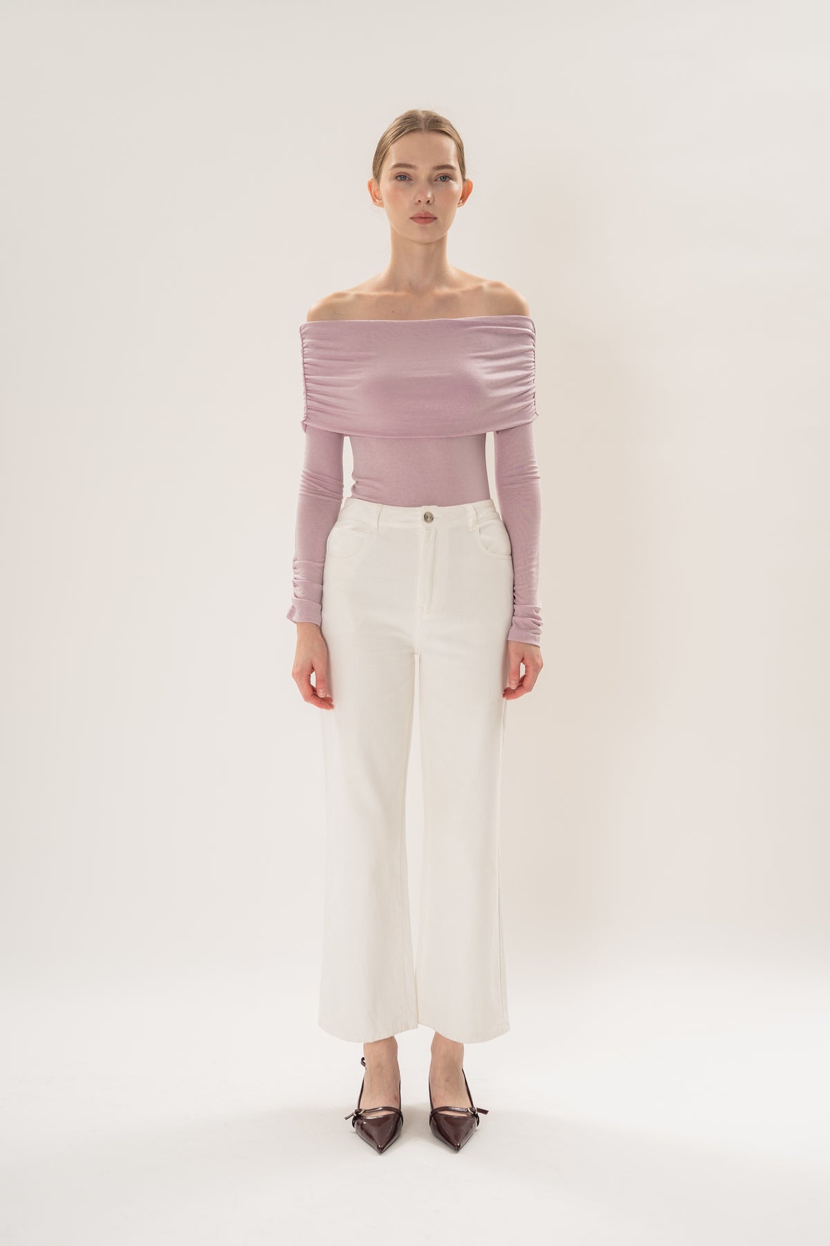Off Shoulder Stretch Knit Top in Orchid