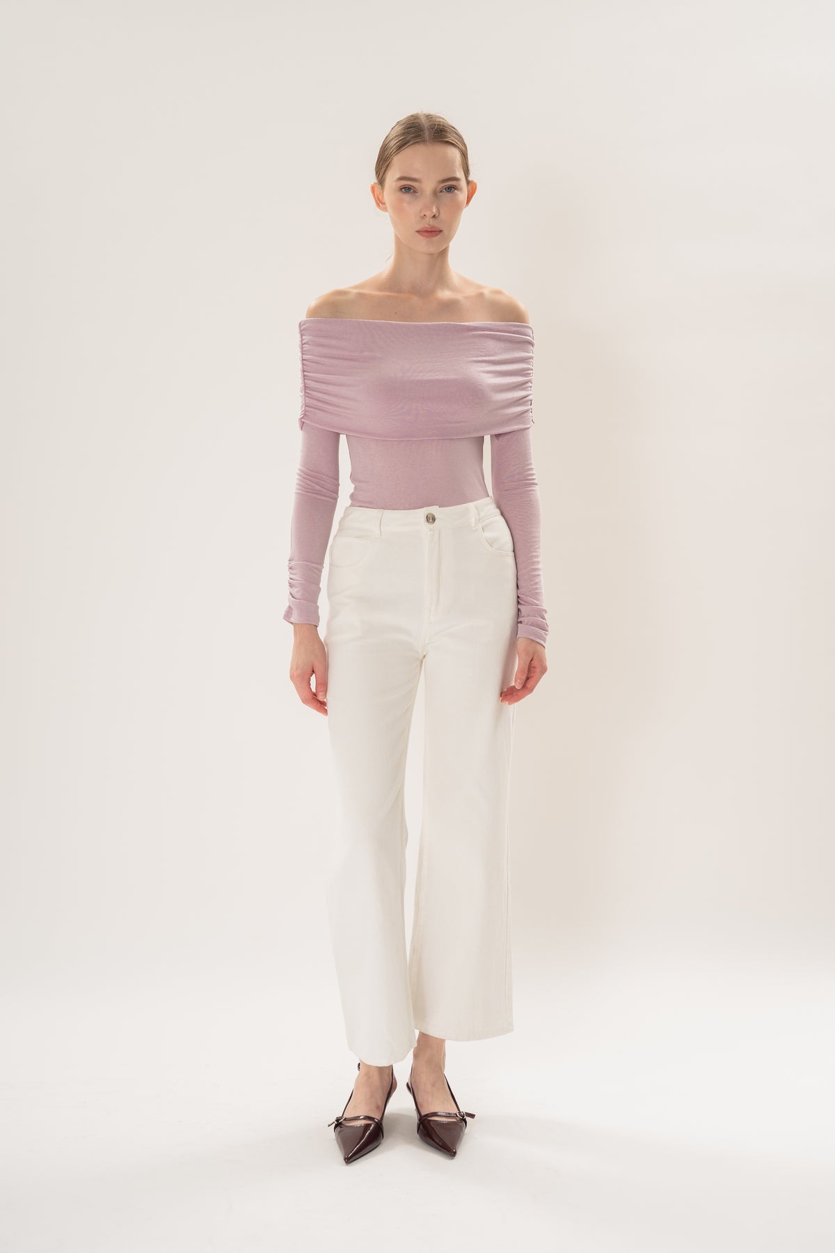 Off Shoulder Stretch Knit Top in Orchid