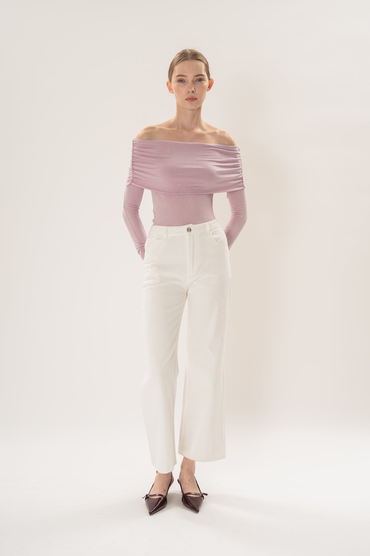 Off Shoulder Stretch Knit Top in Orchid