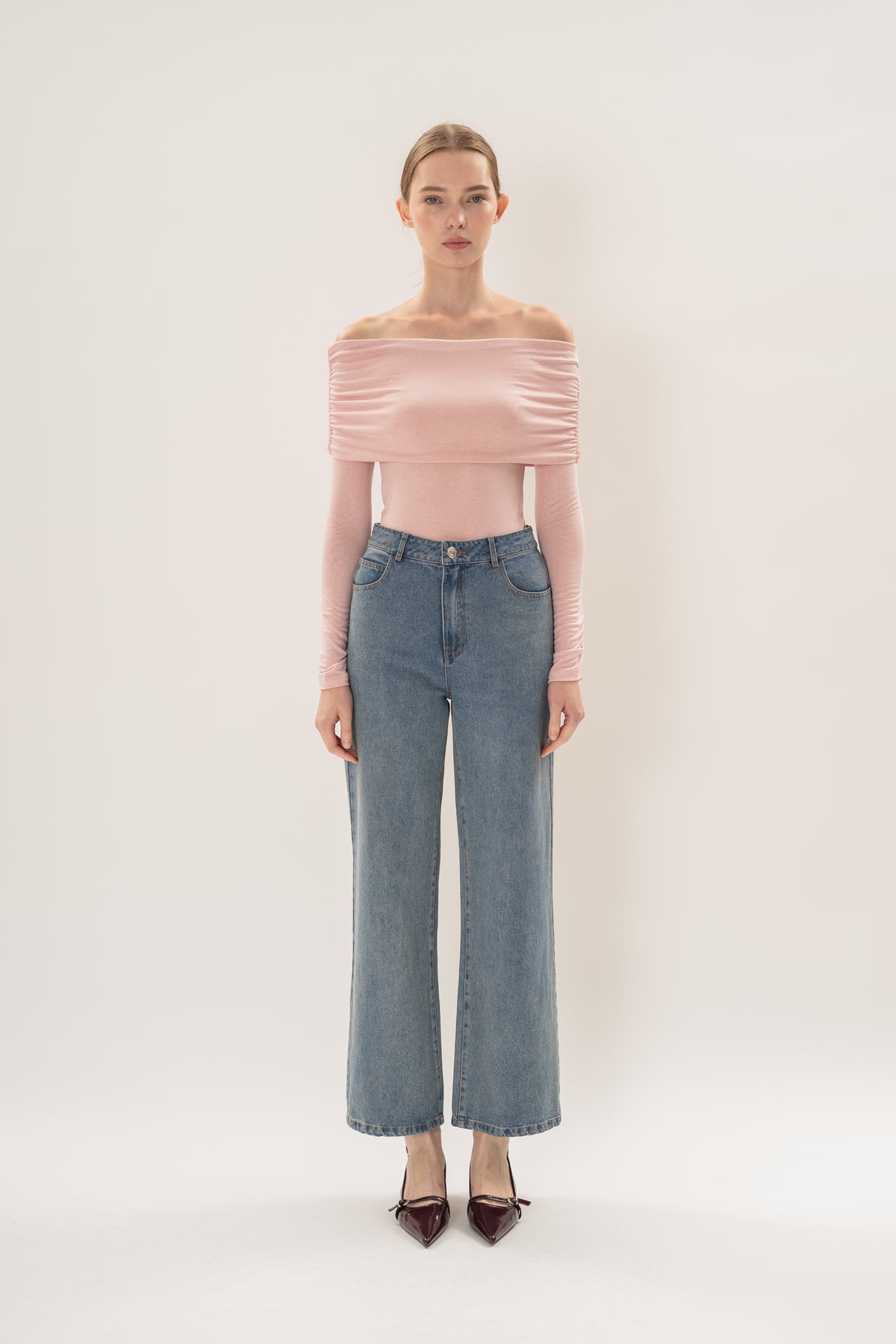 Off Shoulder Stretch Knit Top in Pink