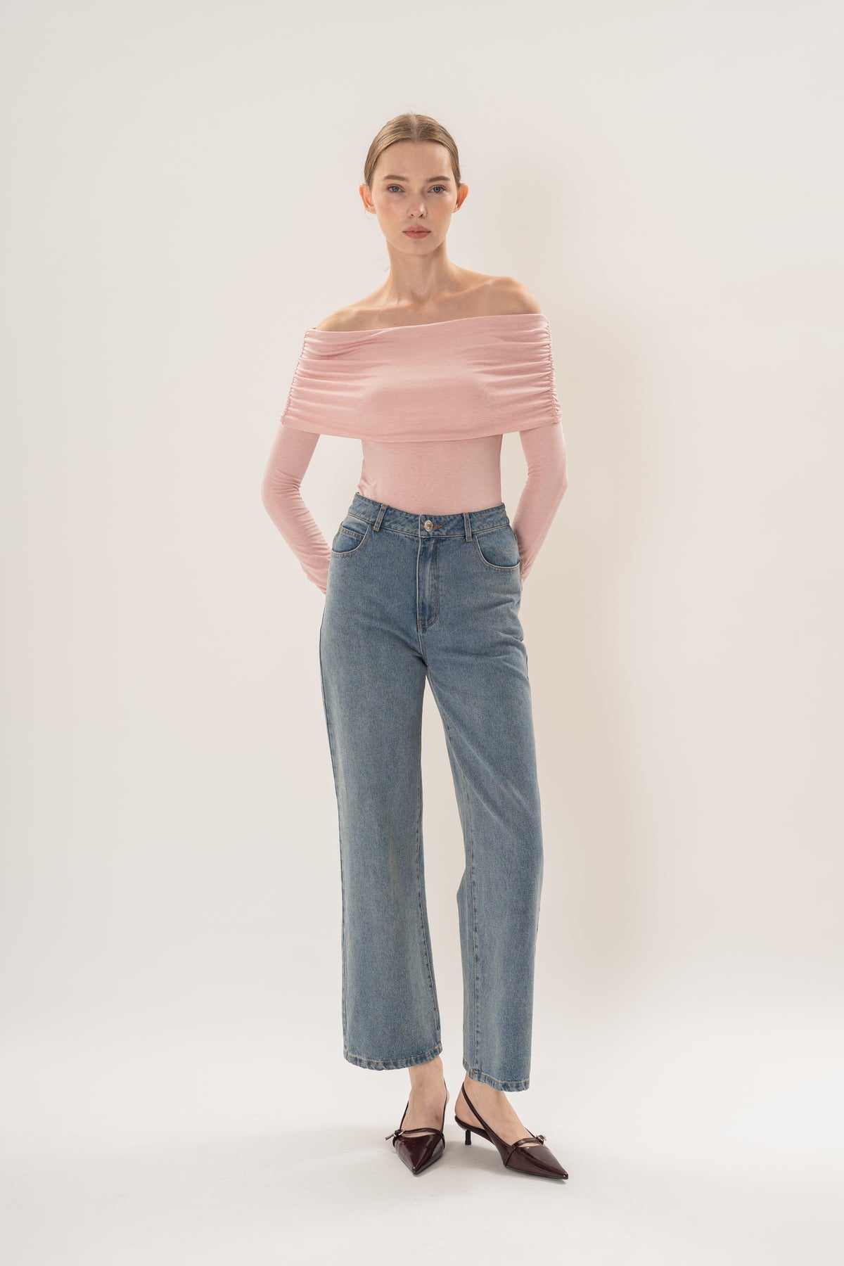 Off Shoulder Stretch Knit Top in Pink