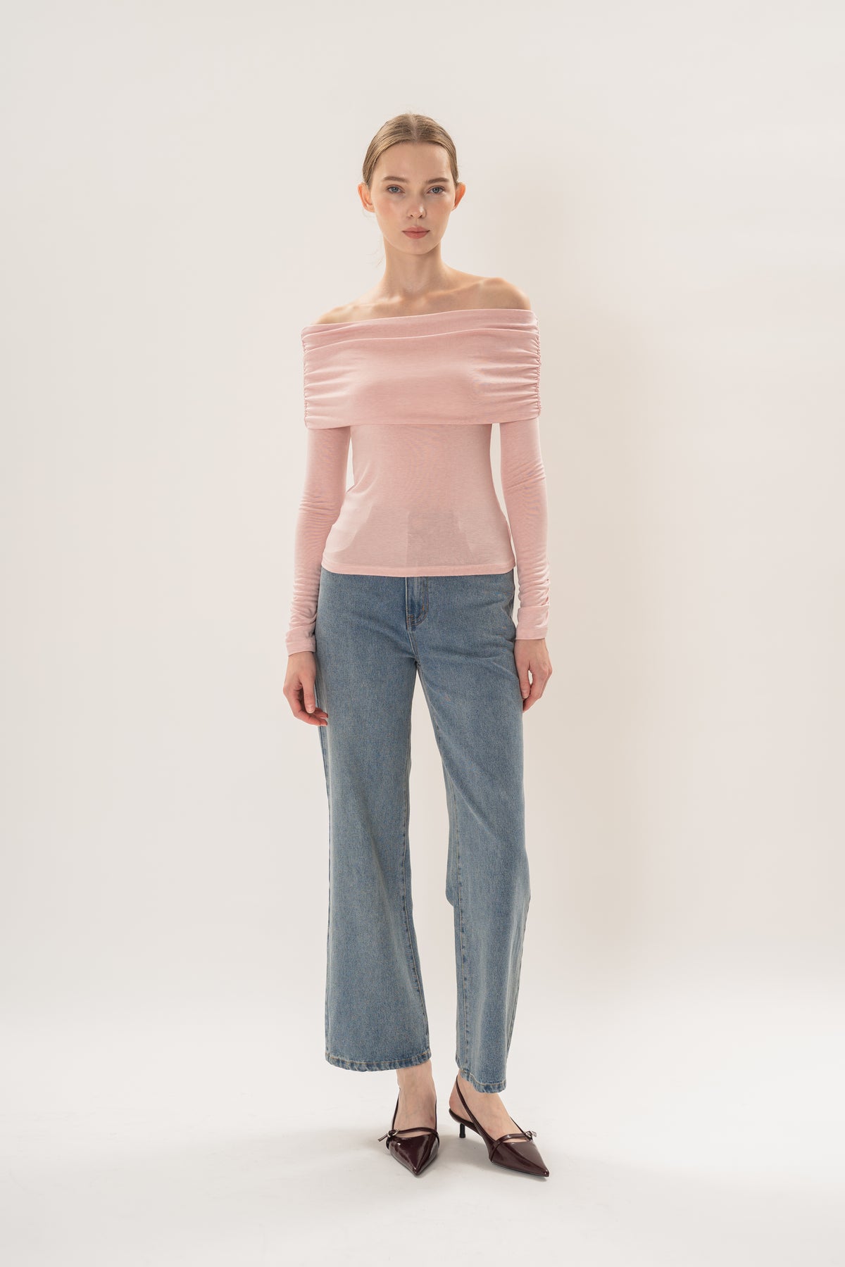 Off Shoulder Stretch Knit Top in Pink