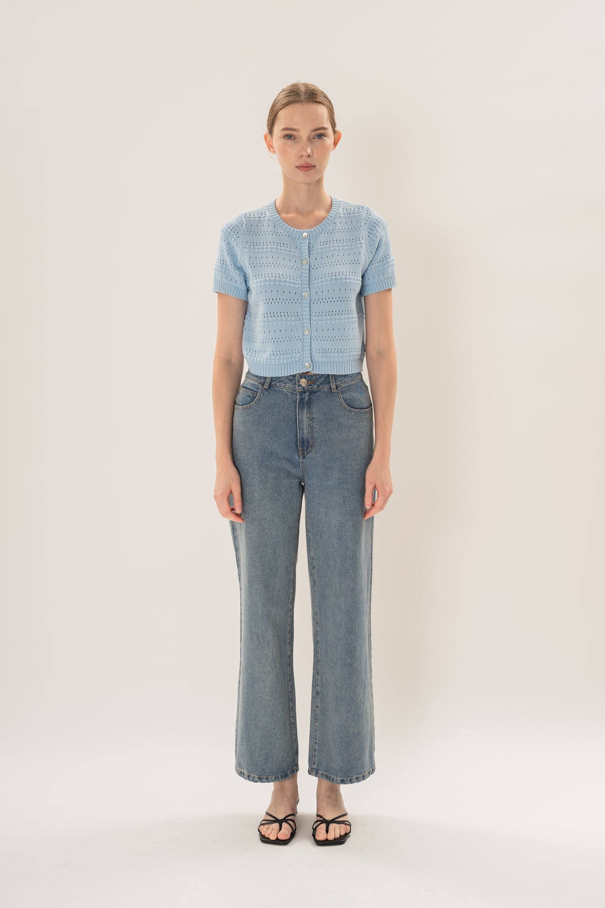 Crochet Knit Short Sleeve Cardigan Top in Mist Blue
