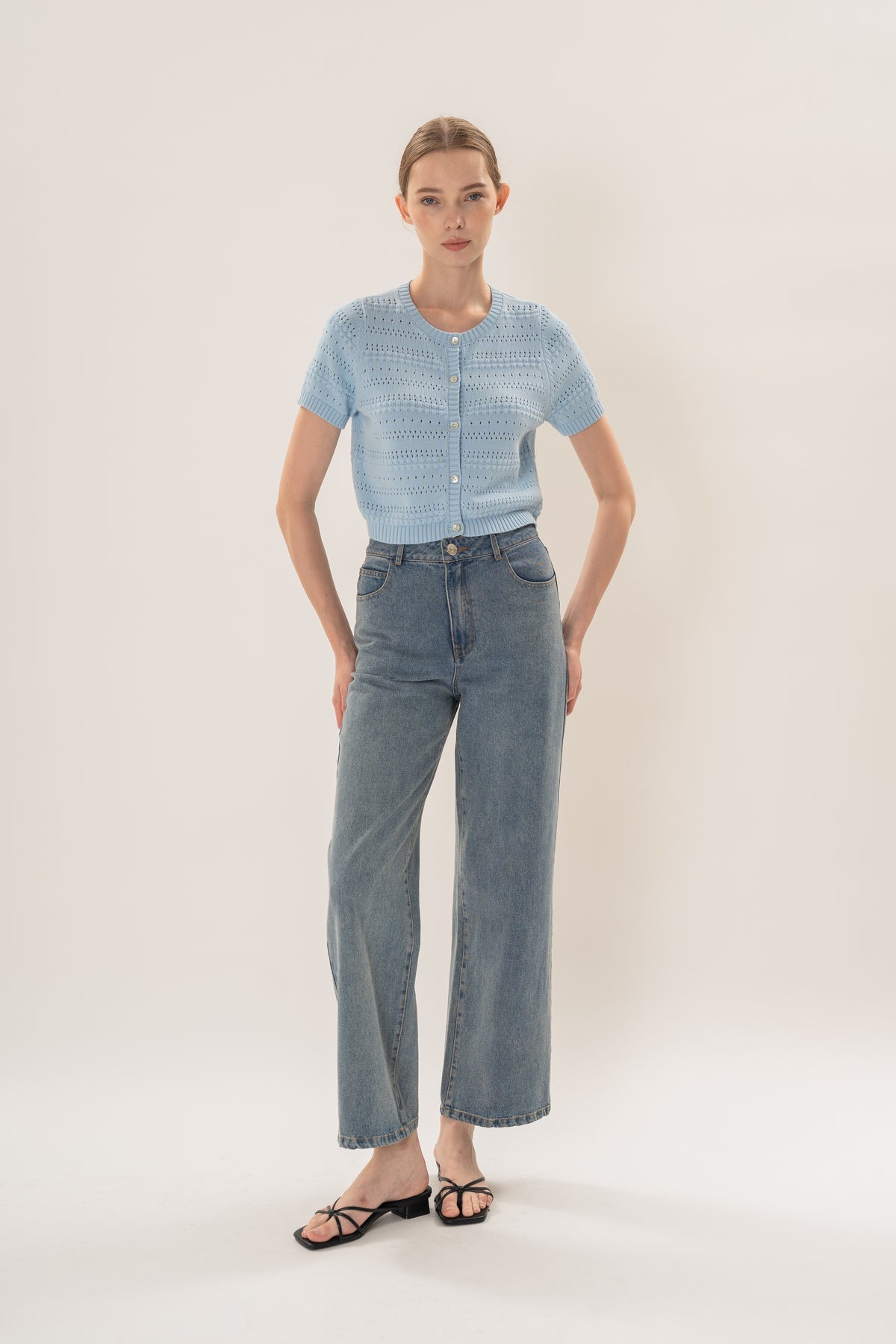 Crochet Knit Short Sleeve Cardigan Top in Mist Blue