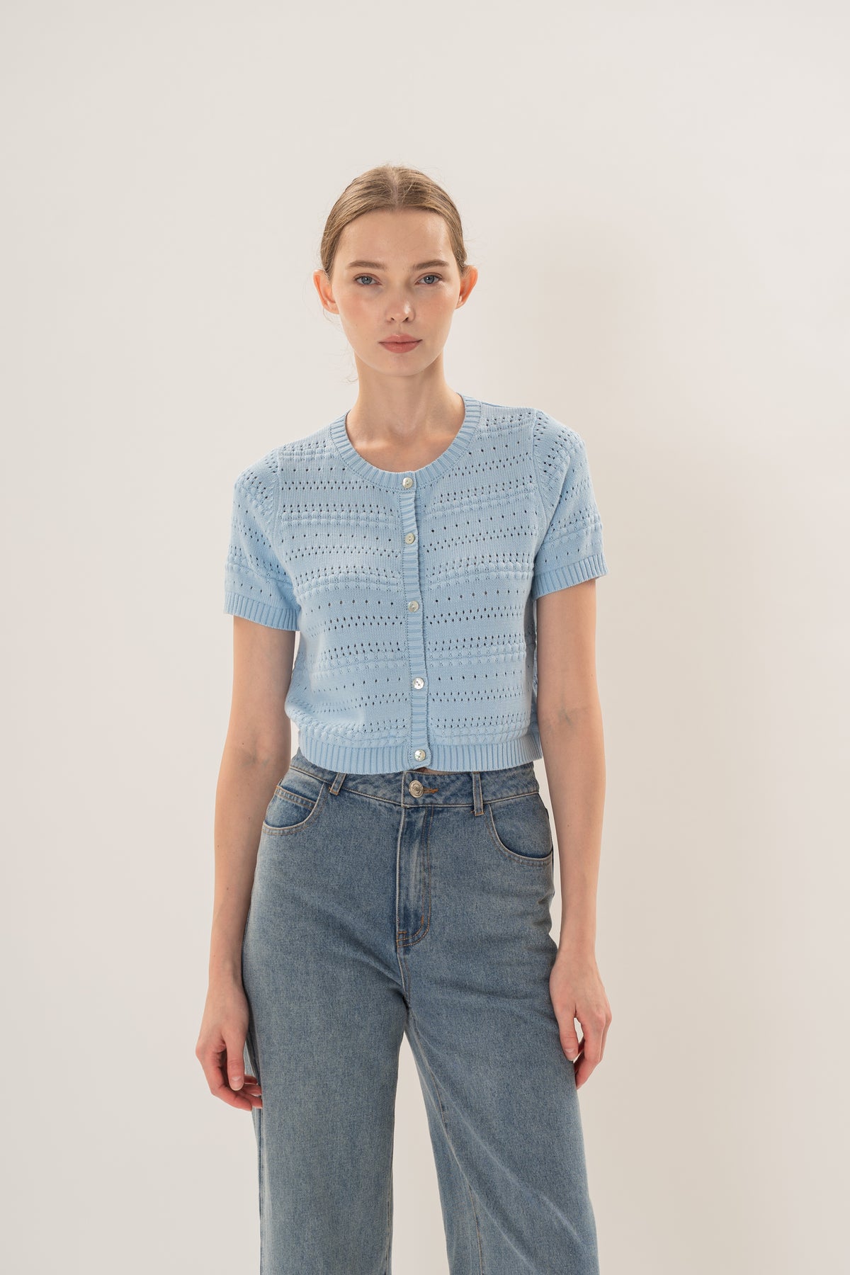 Crochet Knit Short Sleeve Cardigan Top in Mist Blue
