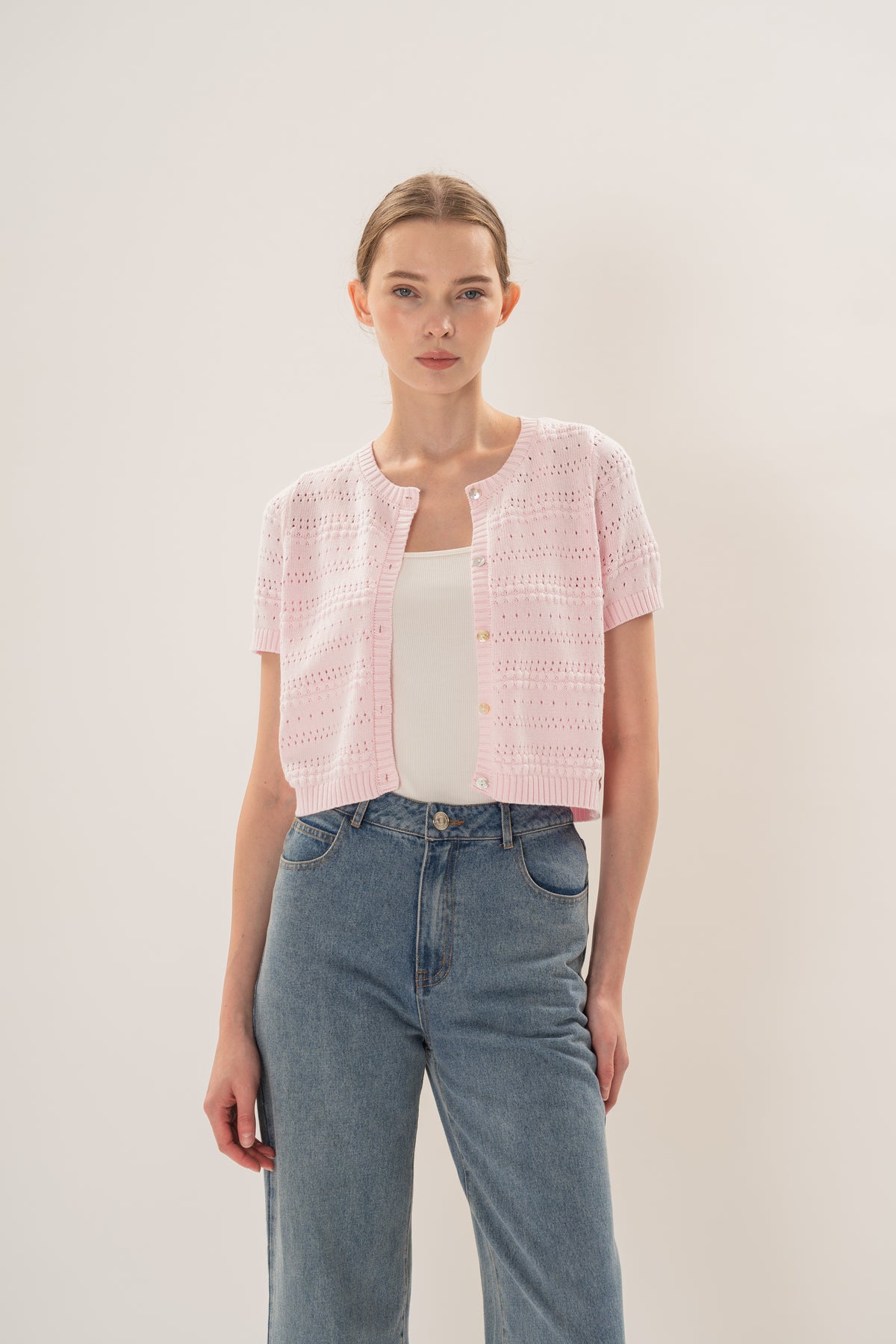 Crochet Knit Short Sleeve Cardigan Top in Pale Pink