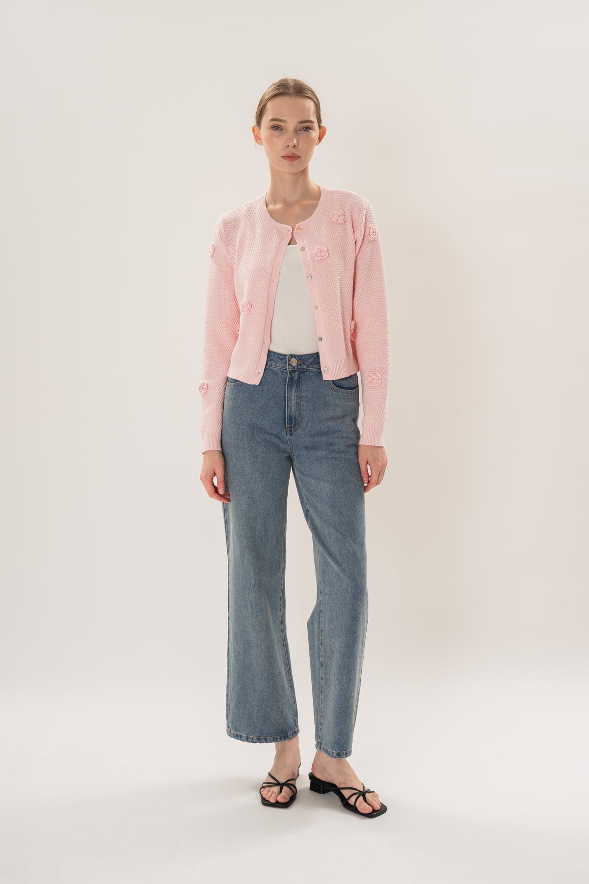 Floral Applique Cardigan in Pink