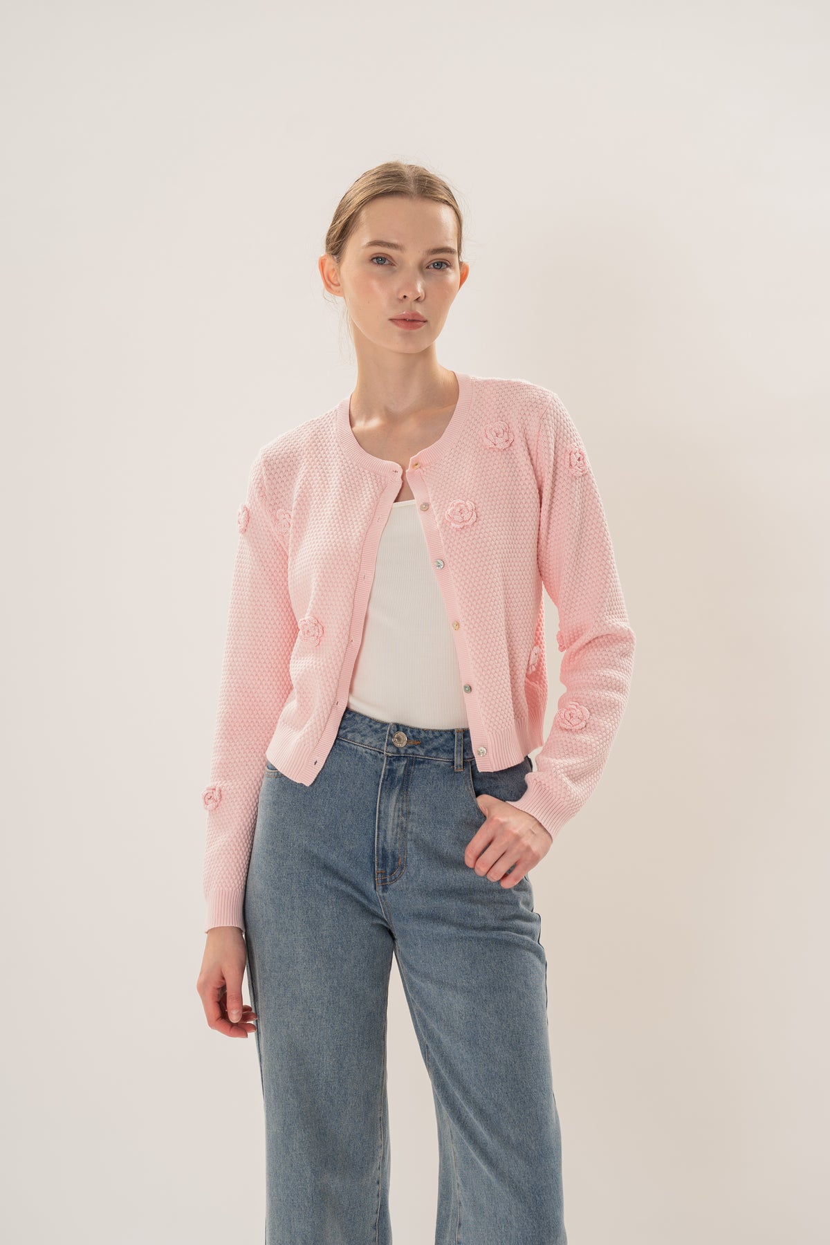 Floral Applique Cardigan in Pink