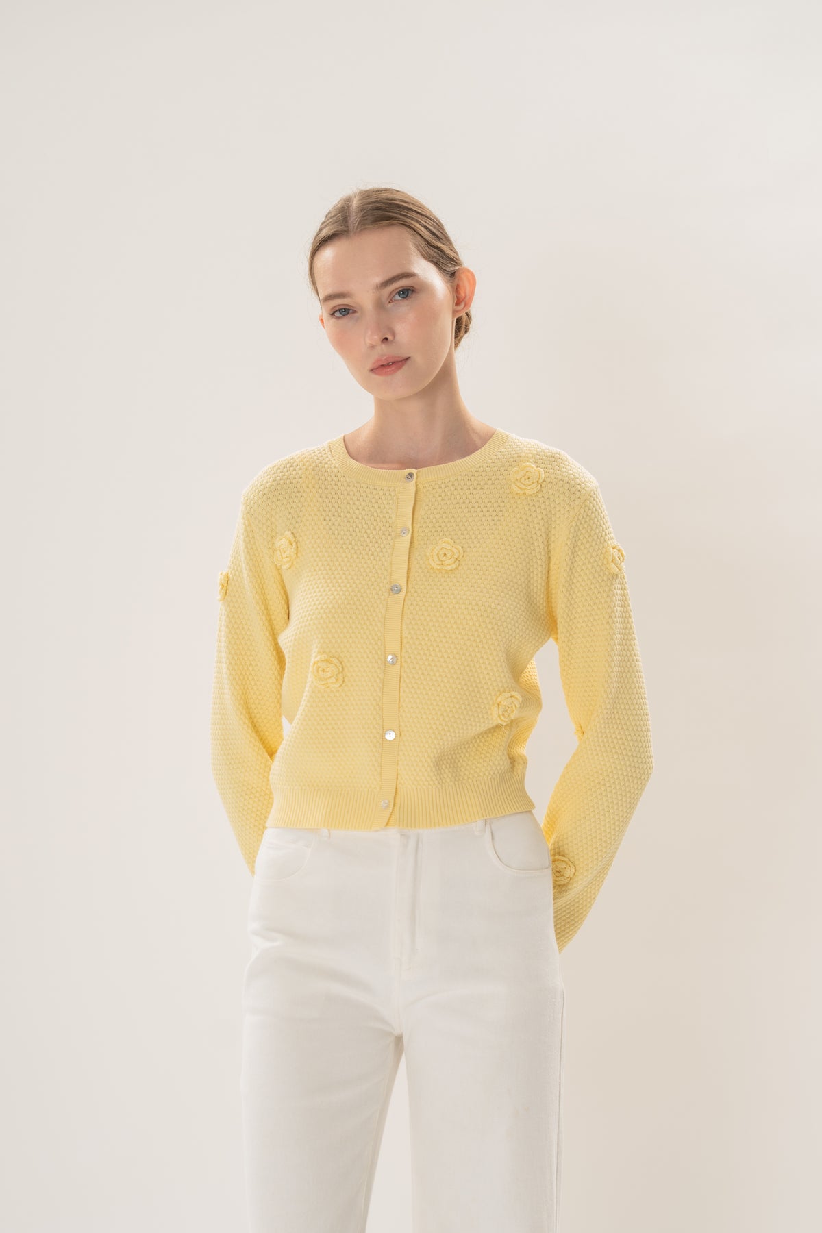 Floral Applique Cardigan in Yellow