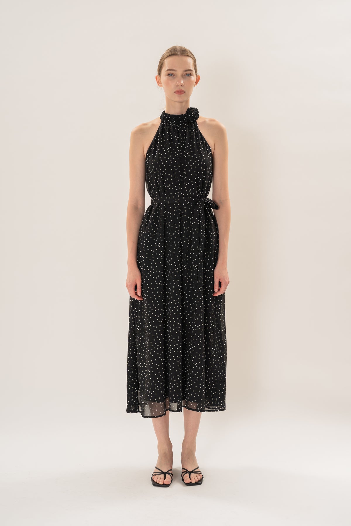 Polka Dot High Neck Maxi Dress With Detachable Floral in Black