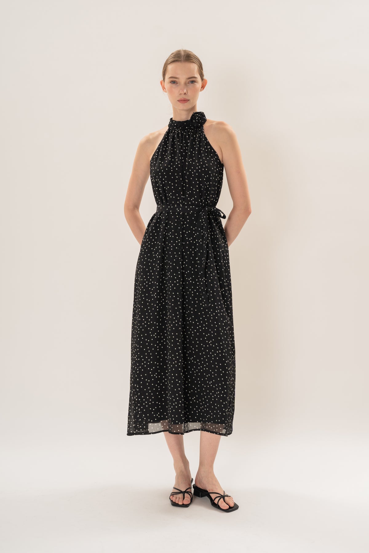Polka Dot High Neck Maxi Dress With Detachable Floral in Black