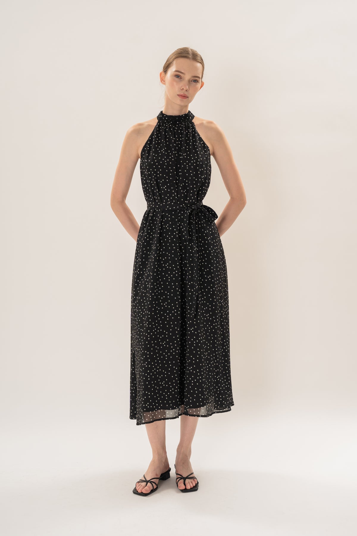 Polka Dot High Neck Maxi Dress With Detachable Floral in Black