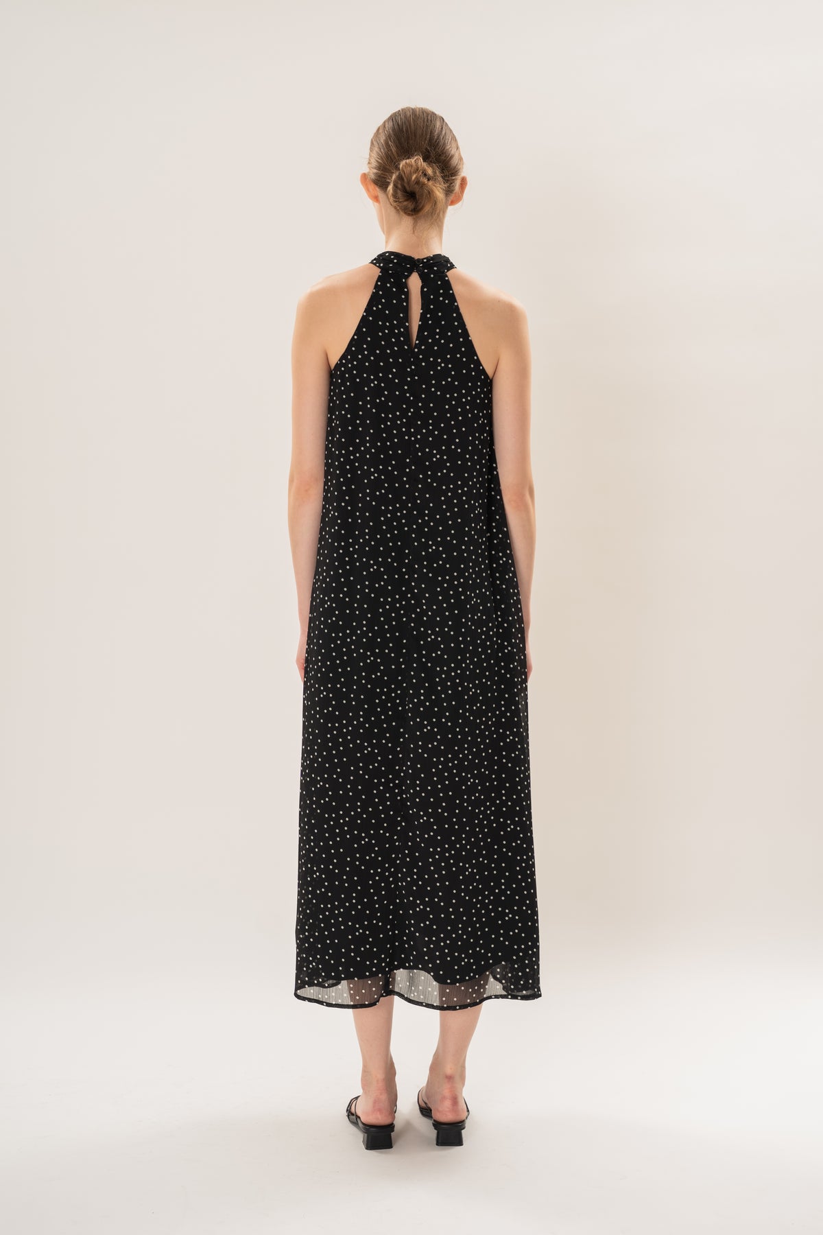 Polka Dot High Neck Maxi Dress With Detachable Floral in Black