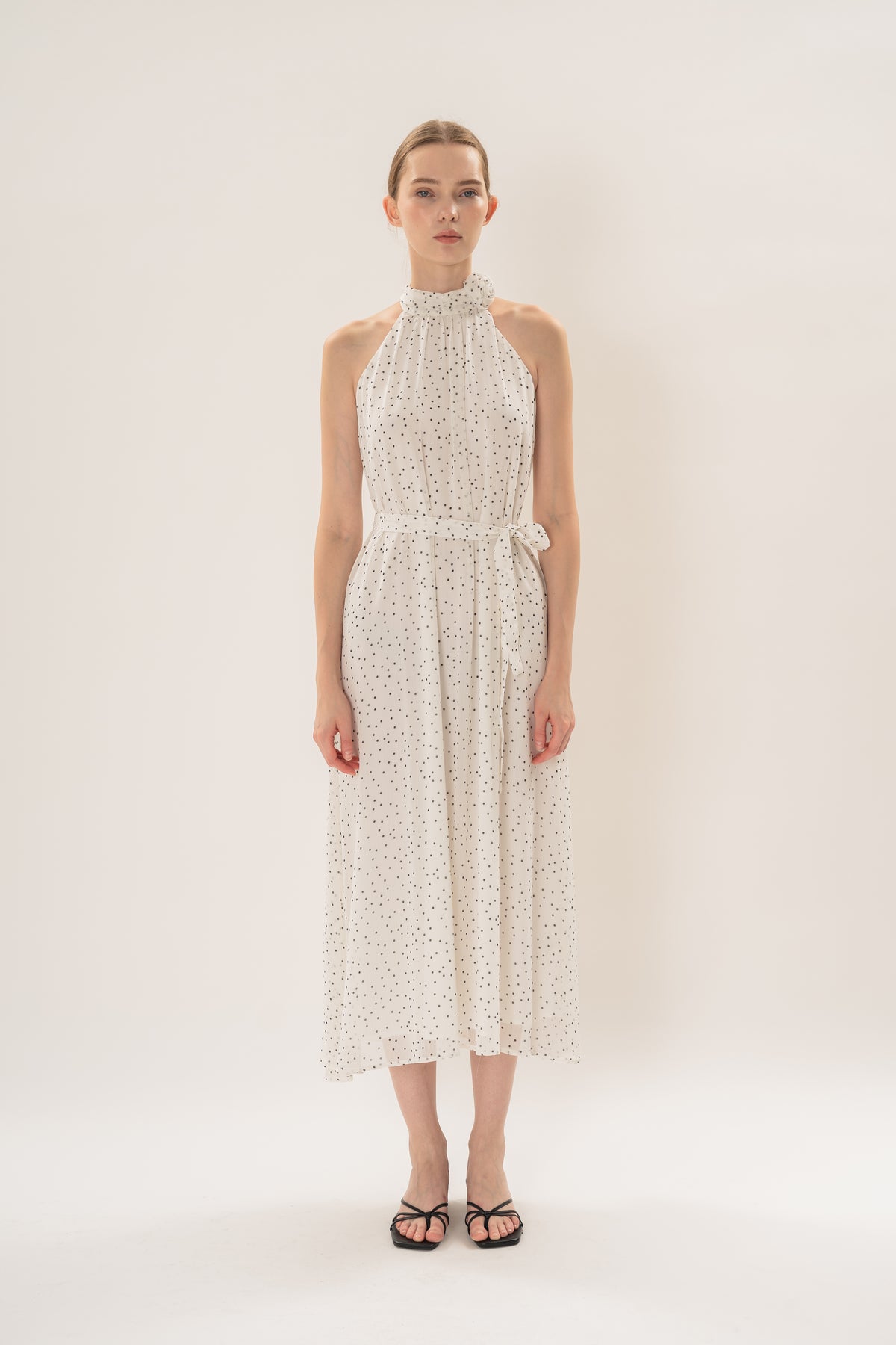 Polka Dot High Neck Maxi Dress With Detachable Floral in White