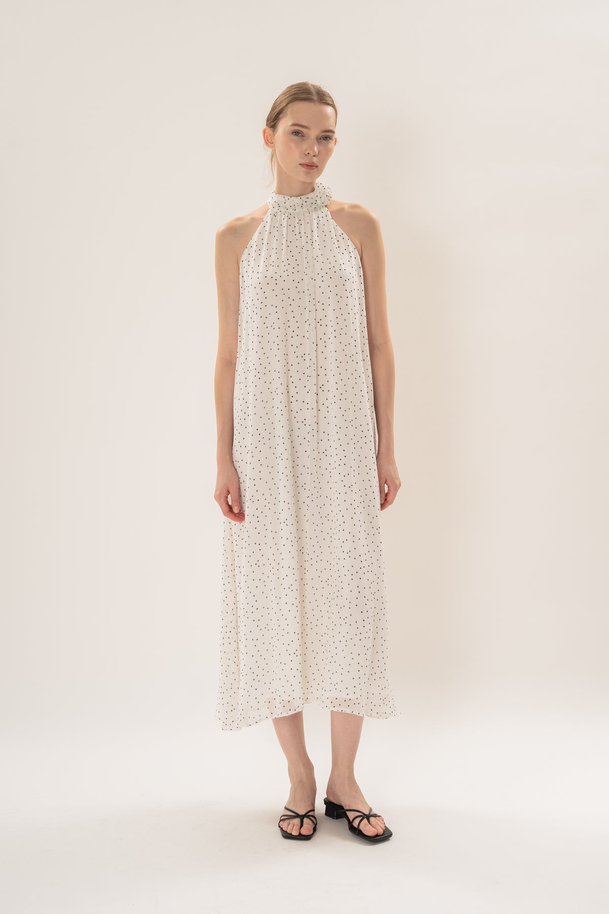 Polka Dot High Neck Maxi Dress With Detachable Floral in White