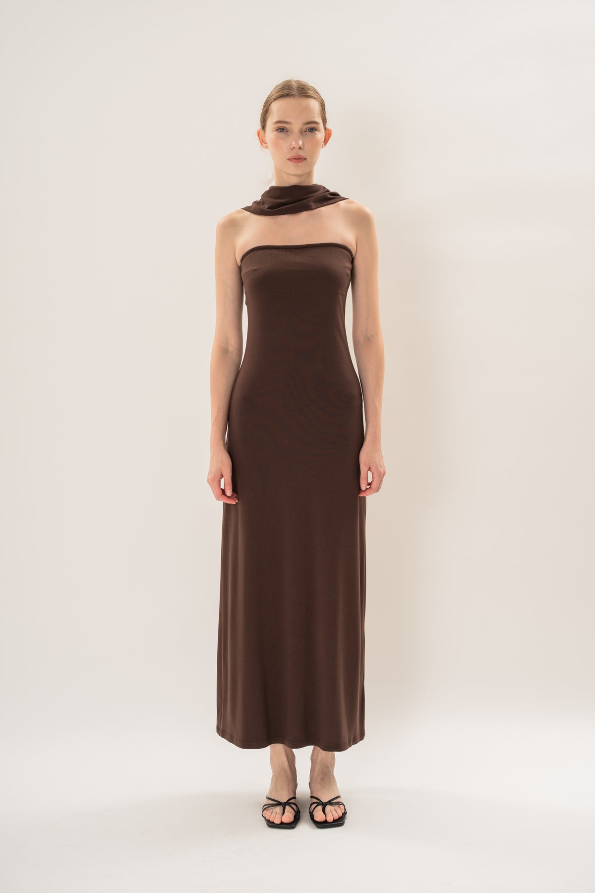 Soft Stretch Shawl Maxi Dress in Umber