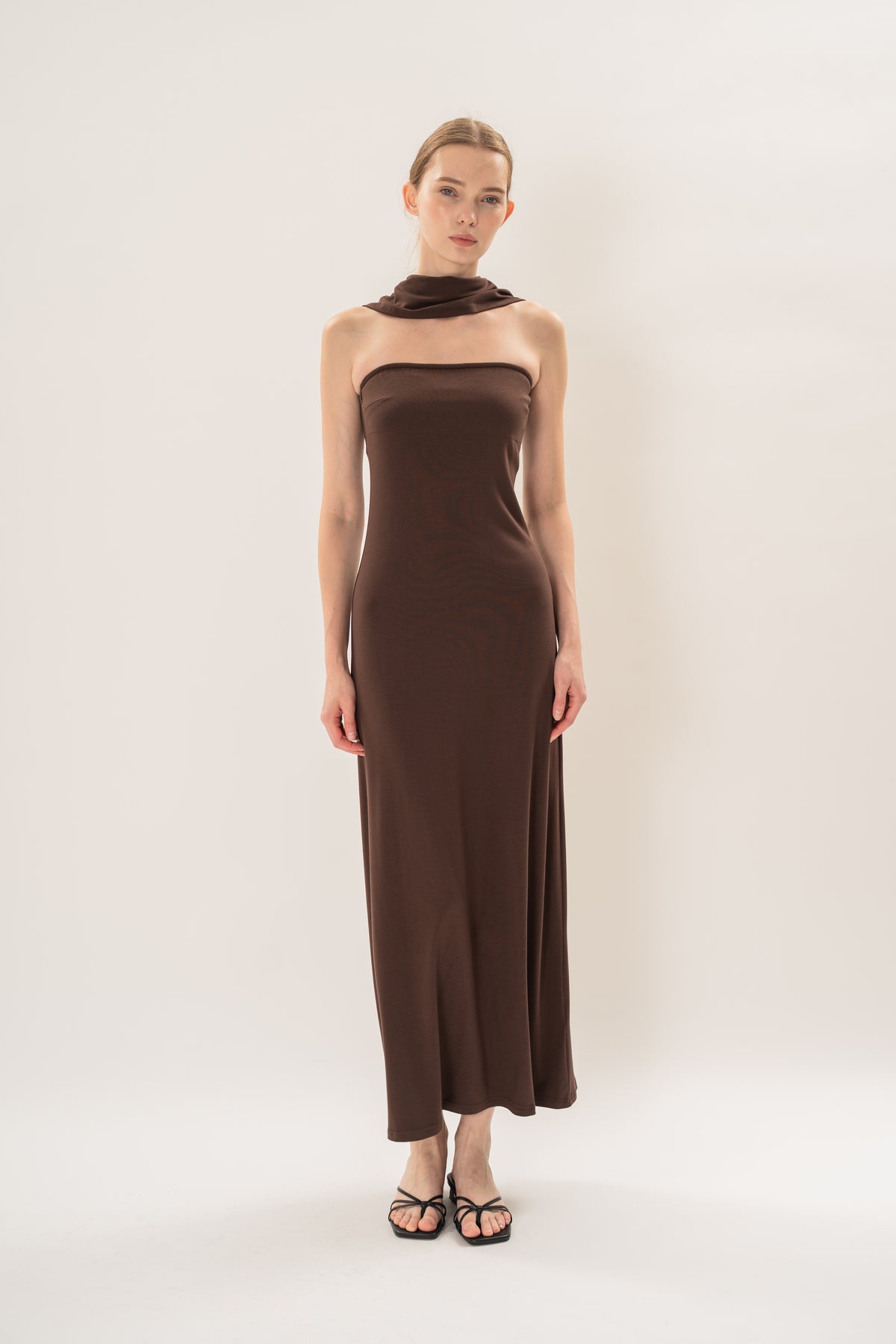 Soft Stretch Shawl Maxi Dress in Umber