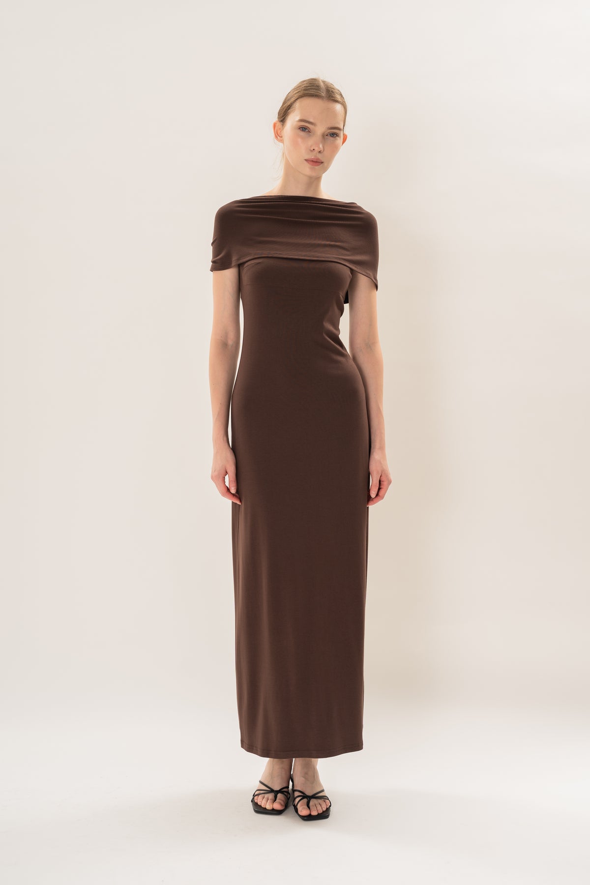 Soft Stretch Shawl Maxi Dress in Umber