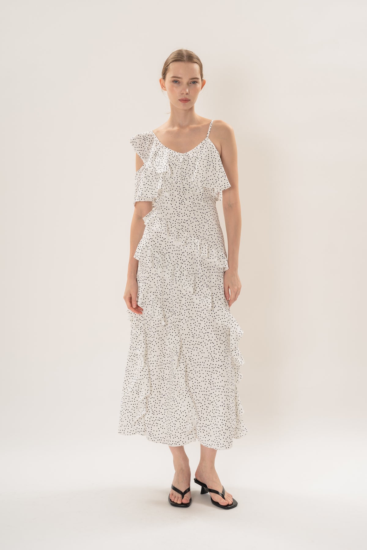 Ruffled Polka Dot Maxi Dress in White