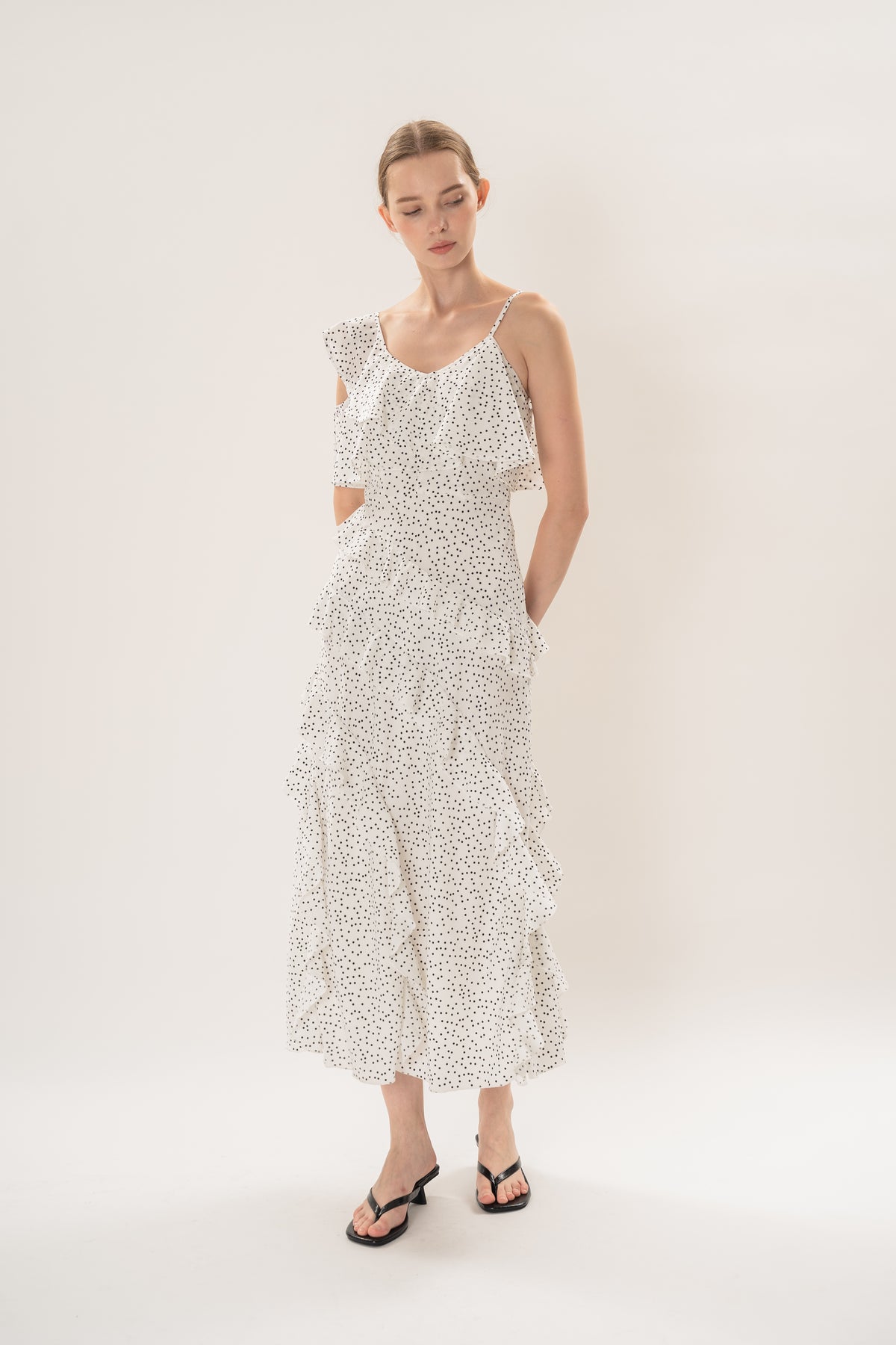 Ruffled Polka Dot Maxi Dress in White